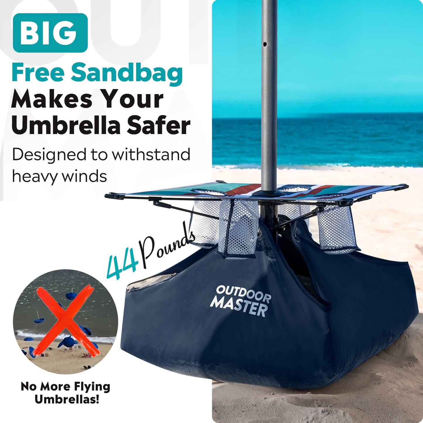 OutdoorMaster Beach Umbrellas for Sand with Sandbag & Anchor, 6.5ft Adjustable Umbrella for Beach Heavy Duty Wind, Portable UPF50+ Sunshade with Carry Bag for Patio, Blue Red Striped