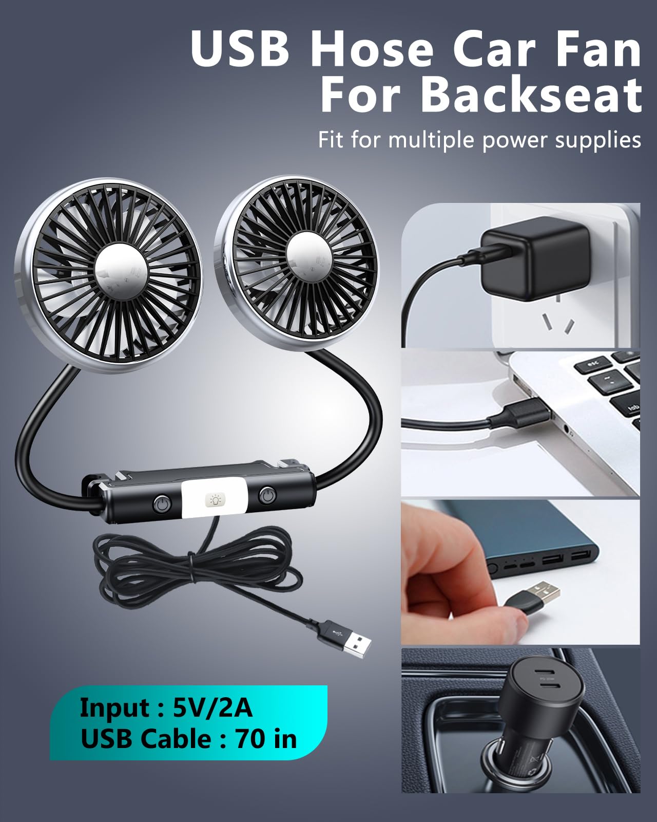 xuenair 360 Hose Cooling Fan for Car Backseat Kids Baby Rear Facing, Portable USB Car Fan for Vehicle SUV RV Pickup Truck Headrest - Powerful 3-Speed LED Light
