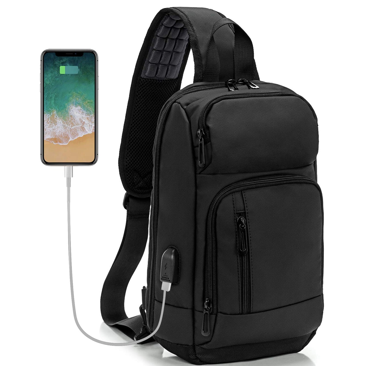 Sling Bag for Men Women, 900D Waterproof Fabric, USB Charging Port, Smart Strap with Card Pocket, Breathable Back Design for Daily Commute Travel Weekend Dates
