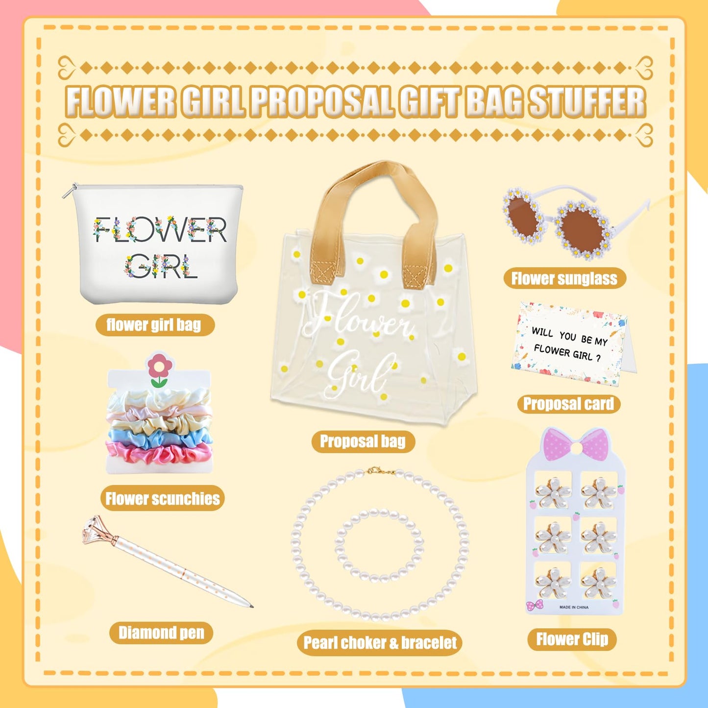 28Pcs Flower Girl Proposal Gift Set - 2 Bags Including Round Flower Sunglasses, Canvas Bag, Pearl Necklace, Bracelet, Hair Accessories, Satin Scunchies, Diamond Pen for Wedding, Bridal Shower