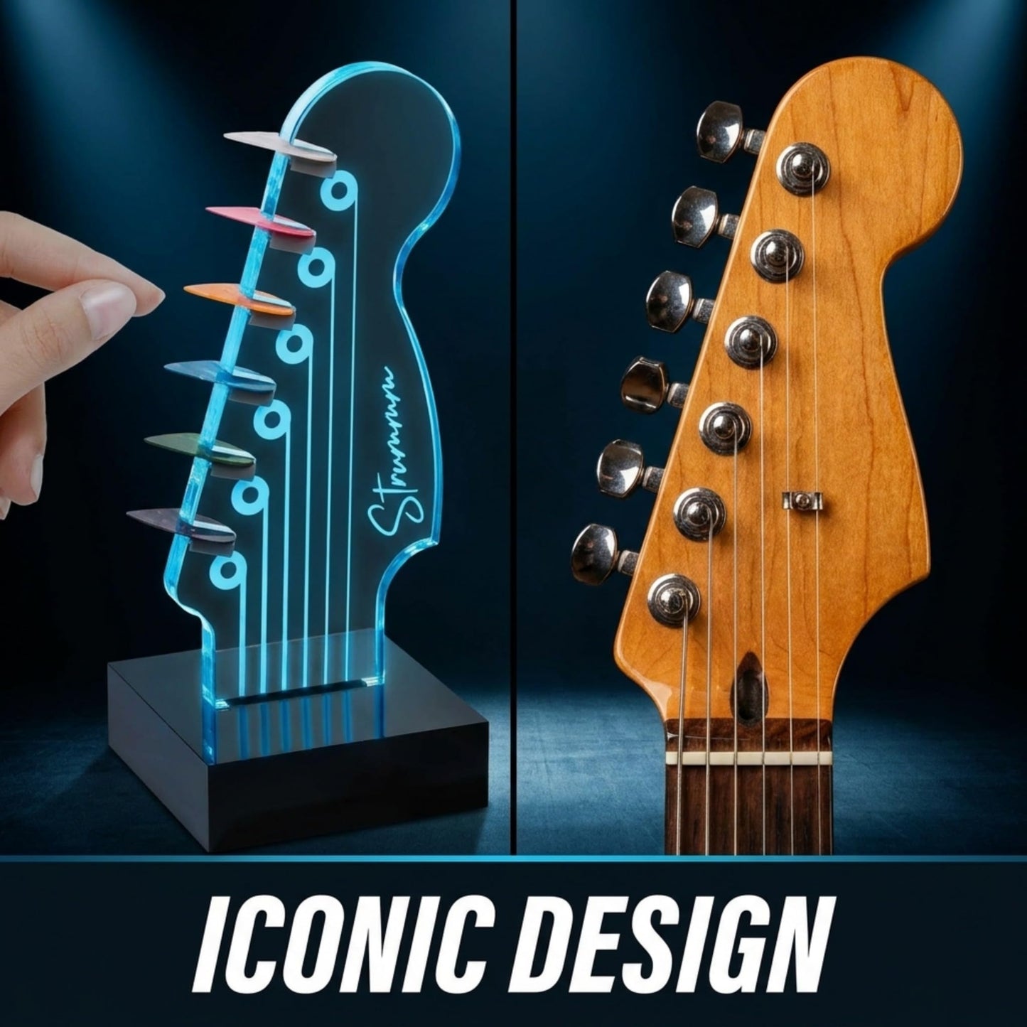 Strummm Color Changing Light Up Guitar Pick Holder – Authentic Electric Guitar Headstock Design Lamp with 7 Colors, USB Powered, Holds 6 Picks, Perfect Guitar Gift for Men, Musicians & Guitarists
