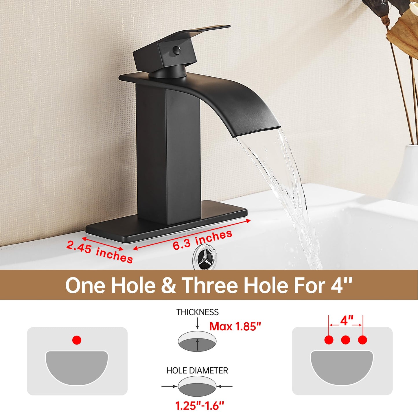 Fransiton Black Bathroom Faucet Bathroom taps 1 or 3 Hole Bathroom Sink Faucet Single Handle washroom Waterfall Faucet with Deck and Pop-up Drain