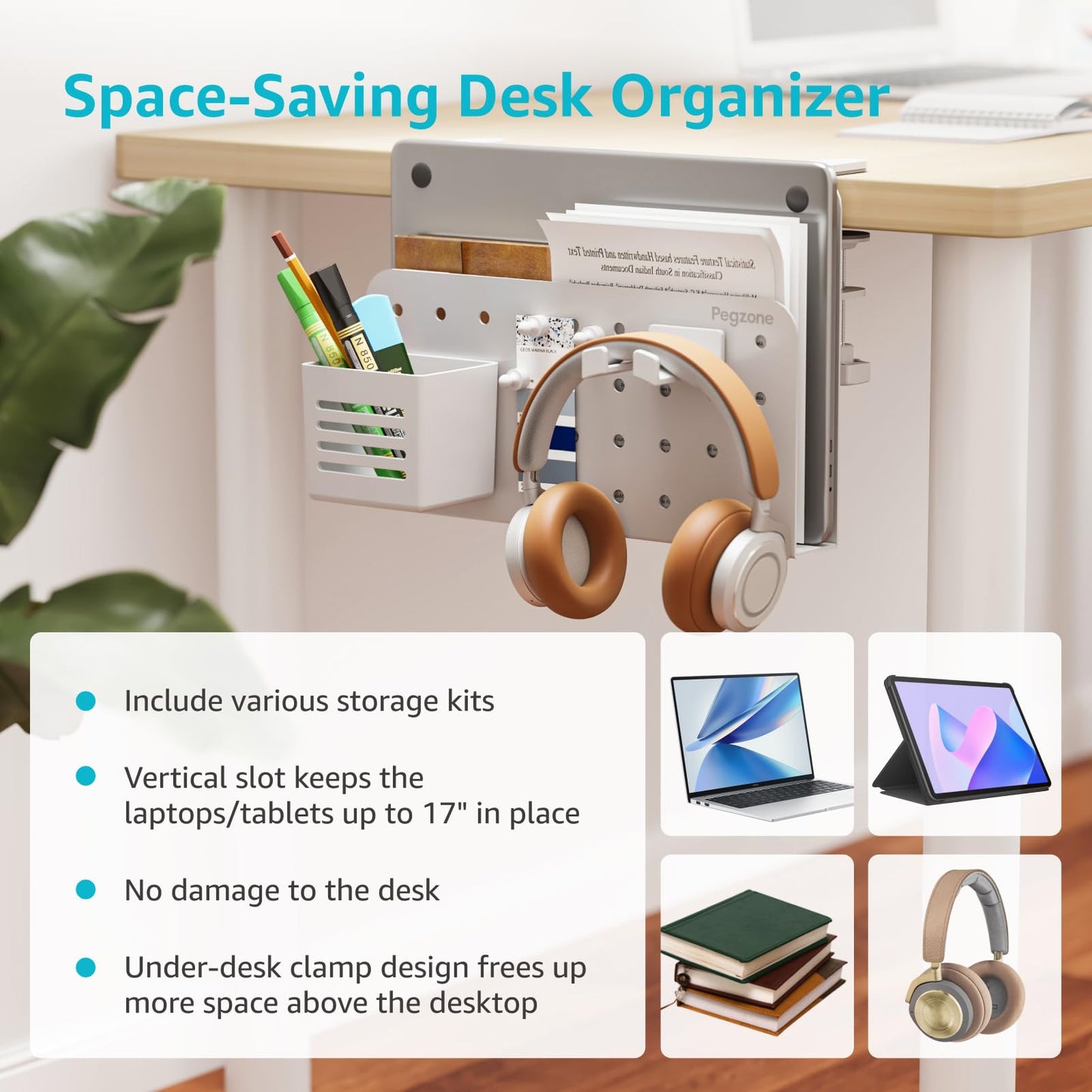 PEGZONE Desk Side Storage Organizer, No Drill Under Desk Laptop Holder, Clamp on Desks Shelf with Pegboard Accessories, Hanging Laptop Mount, Fits Flat Edge 0.4" to 2.2", White