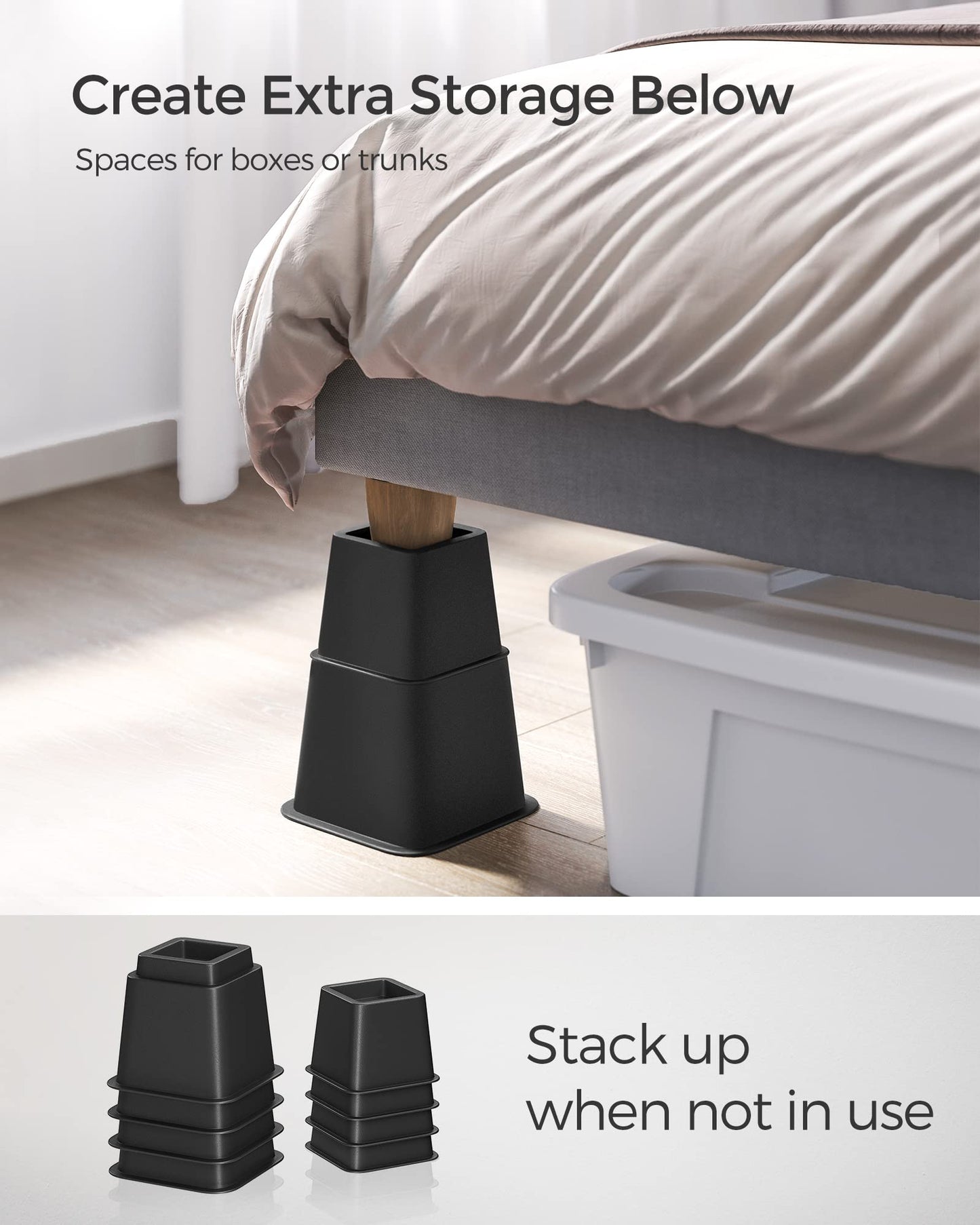 SONGMICS 4-Pack Heavy Duty Bed Lifts, Adjustable 3/5/8 Inch, Supports up to 1300 lb, Black, Rectangular, Modern, PP Plastic, 2.8" x 3-8", Beds, Sofas, Desks, Tables