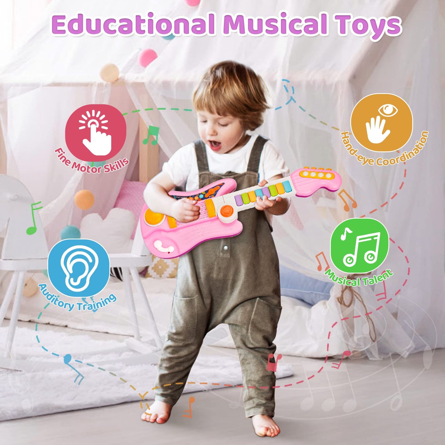 Kids Guitar 2 in 1 Musical Instruments for Kid - Fun Piano Toddler Toy & Electric Guitars | Explore Creativity | Unleash Child’s Talent, Music Toys for 2-4 Year Old Boys & Girls (Pink)