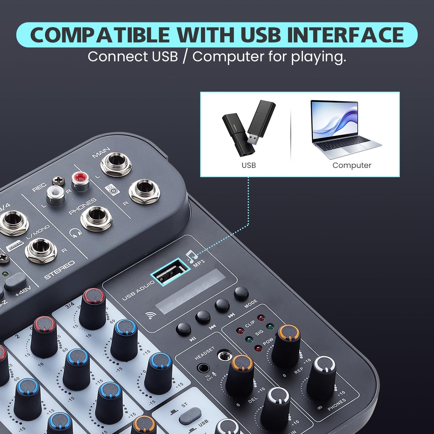 4 Channel DJ Audio Mixer, DJ Mixers Sound Board, Sound Mixer Board XLR 1/4" Interface, BT USB MP3 Computer Input 48V Phantom Power Stereo Karaoke DJ Studio Streaming KTV Stage
