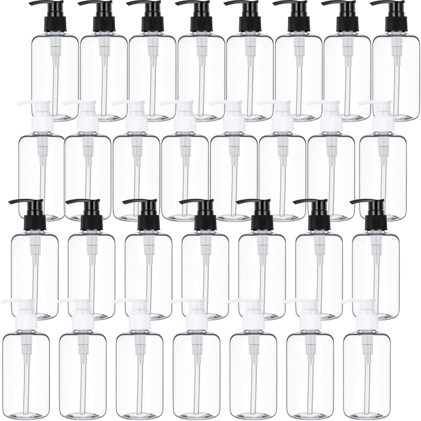 30 Pcs Refillable Empty Lotion Bottles 8oz/250ml Clear Plastic Pump Bottles Conditioner Shampoo Dispenser Leak Proof Black and White Pump Container for Body Wash, Creams, Liquid Soap