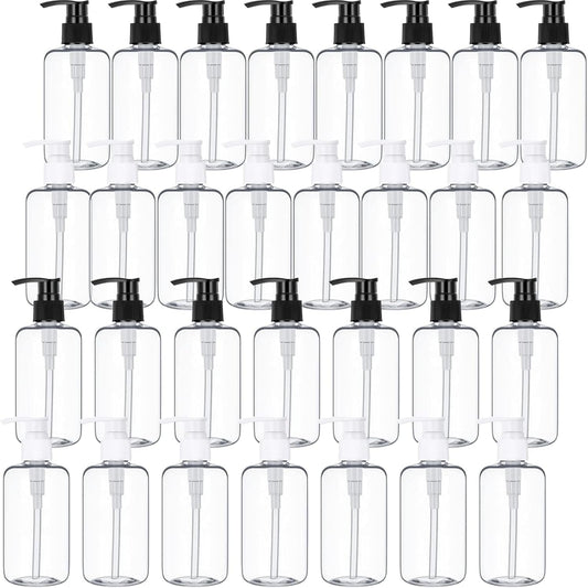 30 Pcs Refillable Empty Lotion Bottles 8oz/250ml Clear Plastic Pump Bottles Conditioner Shampoo Dispenser Leak Proof Black and White Pump Container for Body Wash, Creams, Liquid Soap