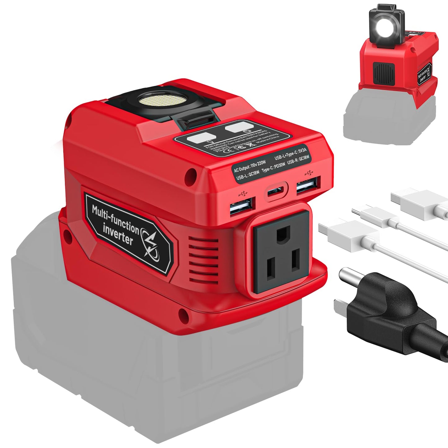 220W Azocek Power Inverter Compatible with Milwaukee 18V Battery(Battery not Included), DC 18V to AC 110V Power Inverter with 1 AC Outlet, 2 USB Ports & 1 Type-C Fast Charging, 400LM LED Work Light