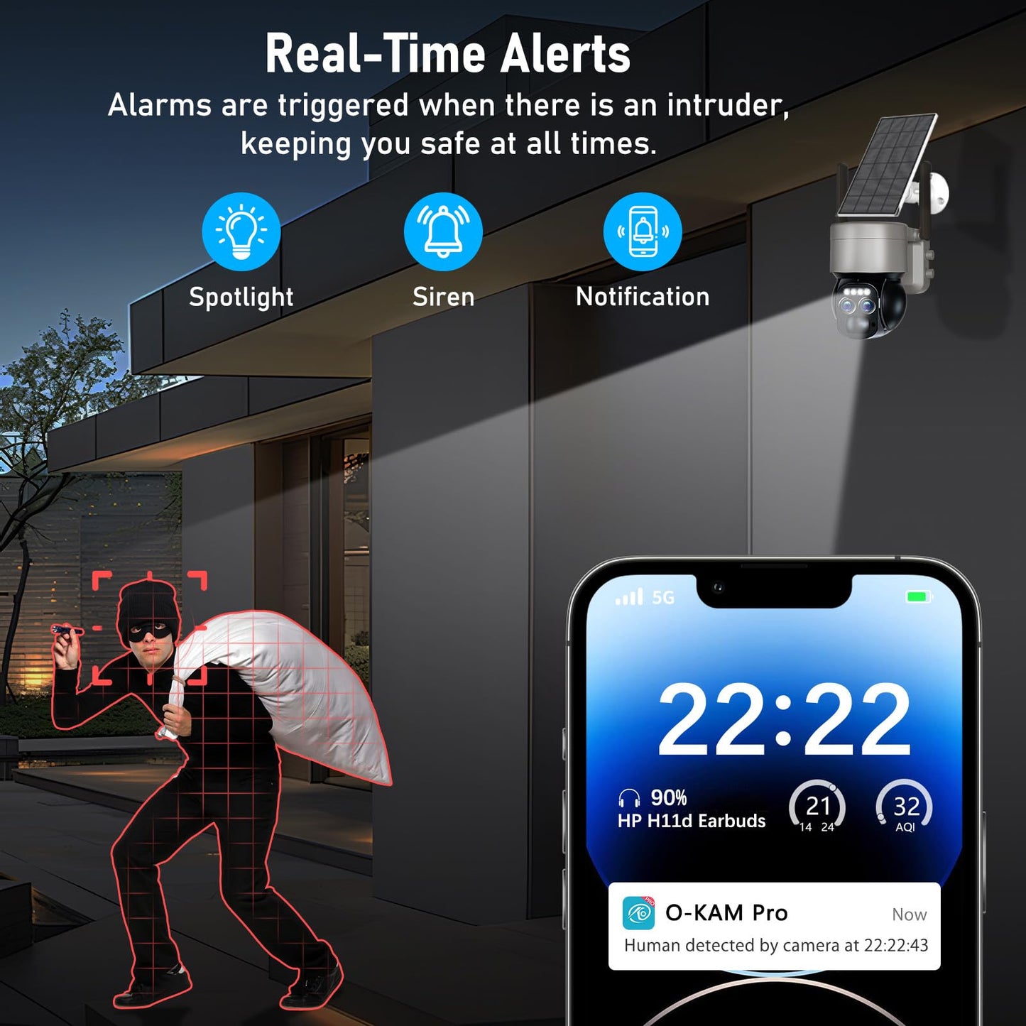 Caluxe 4K Solar Security Cameras Wireless Outdoor, 5G/2.4G WiFi 6, 360° PTZ Camera Surveillance Exterieur with Color Night Vision, 2-Way Audio, PIR Motion Detection, Auto Human Tracking, Waterproof