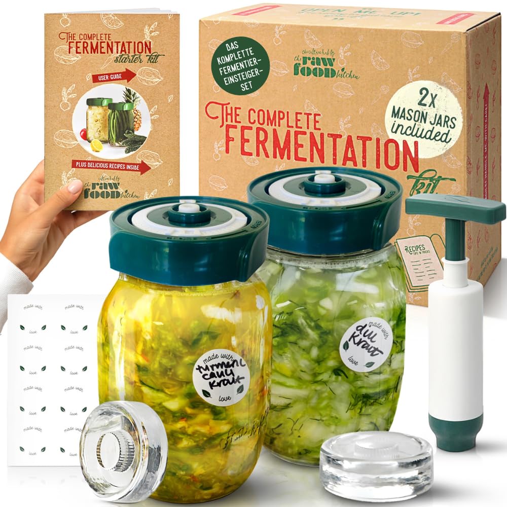 Fermentation Kit for Beginners – 2 x 1L Fermenting Jars with All-in-One Airlock Lids, Glass Weights & Hand Pump, Easy Home Starter Set for Sauerkraut, Kimchi & Probiotic Foods - Recipes & Guide