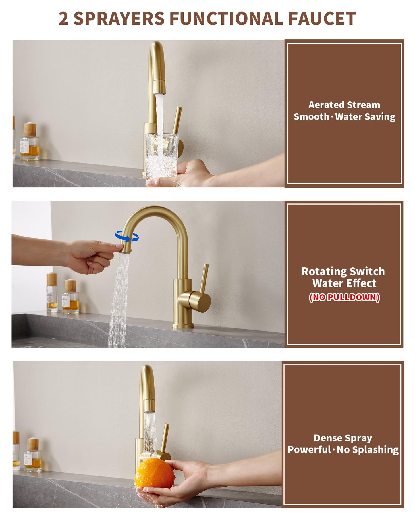 Tohlar Gold Bathroom Faucet, Brushed Gold Bathroom Sink Faucet with Sprayer, RV Vanity Small Kitchen Faucet with 360° Rotation Spout, Single Hole Bar Sink Faucet with Pop Up Drain, 24” Supply Hoses