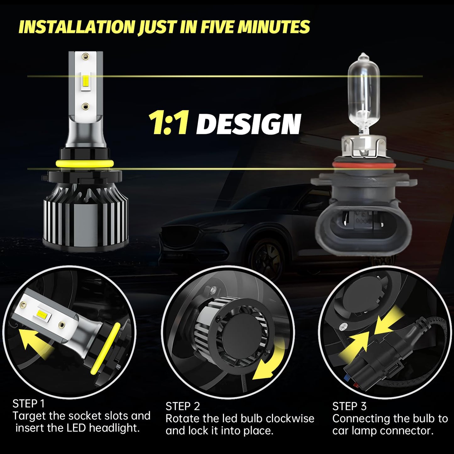 LECCIBUB LED Headlight Bulbs Compatible With Mazda 3 2010-2018,9005 High Beam + H11 Low Beam Light Bulb,6500K White,Plug and Play,Pack of 4