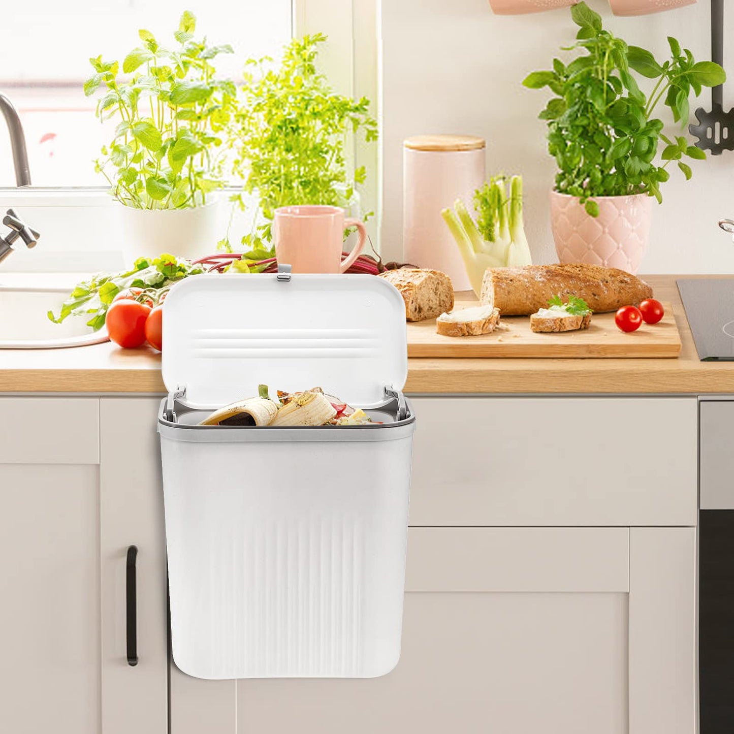 Frcctre 2 Pack Compost Bin for Kitchen, 2.4 Gallon/9L Hanging Trash Can with Lid Garbage Can for Countertop or Under Sink, Wall Mounted Counter Waste Bin for Kitchen Bathroom Bedroom Office