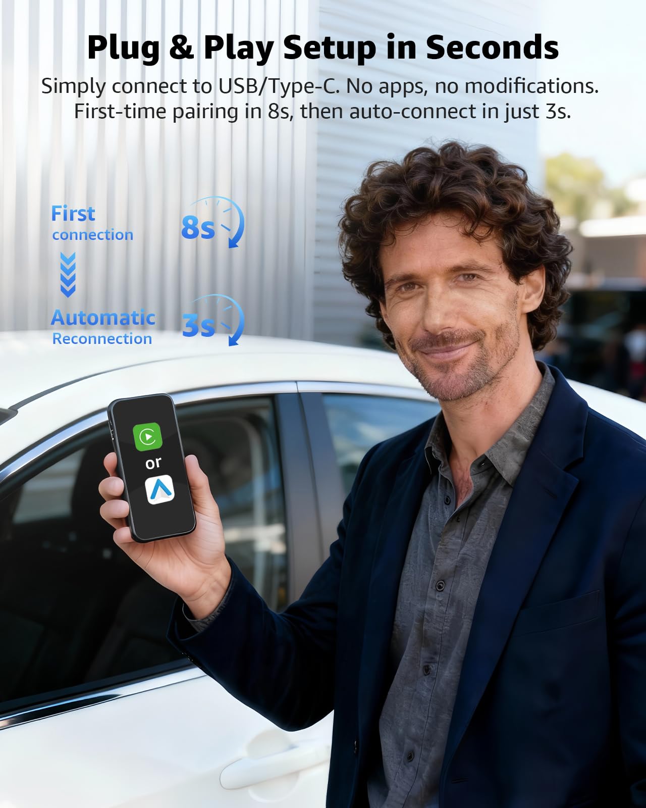Wireless CarPlay Adapter, CarPlay Wireless Adapter Plug & Play USB/USB-C, 2-in-1 Converts Wired to Wireless CarPlay, Android Auto Wireless Adapter, Compatible with iPhone iOS 10+ & Android Auto