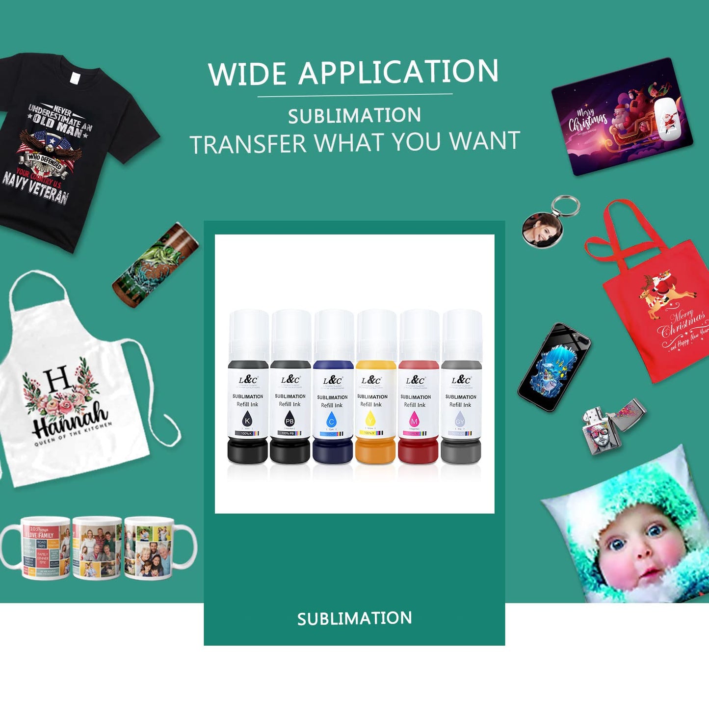 L&C Sublimation Ink Refill for ET-8500 ET-8550 Wide-Format Supertank Printers Heat Press Transfer on T-Shirt Tumblers Vibrant Colors Non-Fading Anti-Clog Auto-Fill ICC-Free (6x70ML, BK PB C M Y GY)