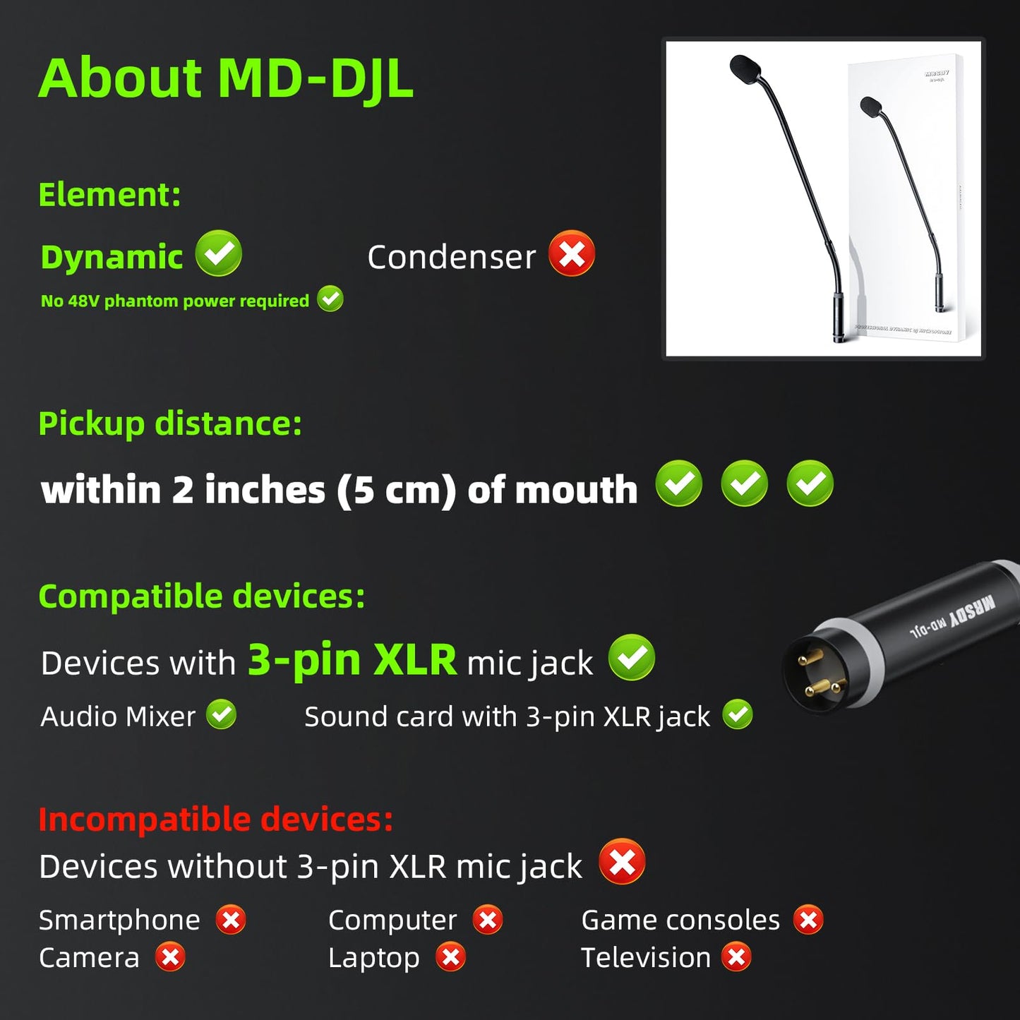MRSDY Gooseneck Microphone, 23 Inch DJ Microphone for Audio Mixer, Professional XLR Wired Dynamic Mic, Extended Black Metal Noise Reduction Mic, Supports 360° Rotation and Bending