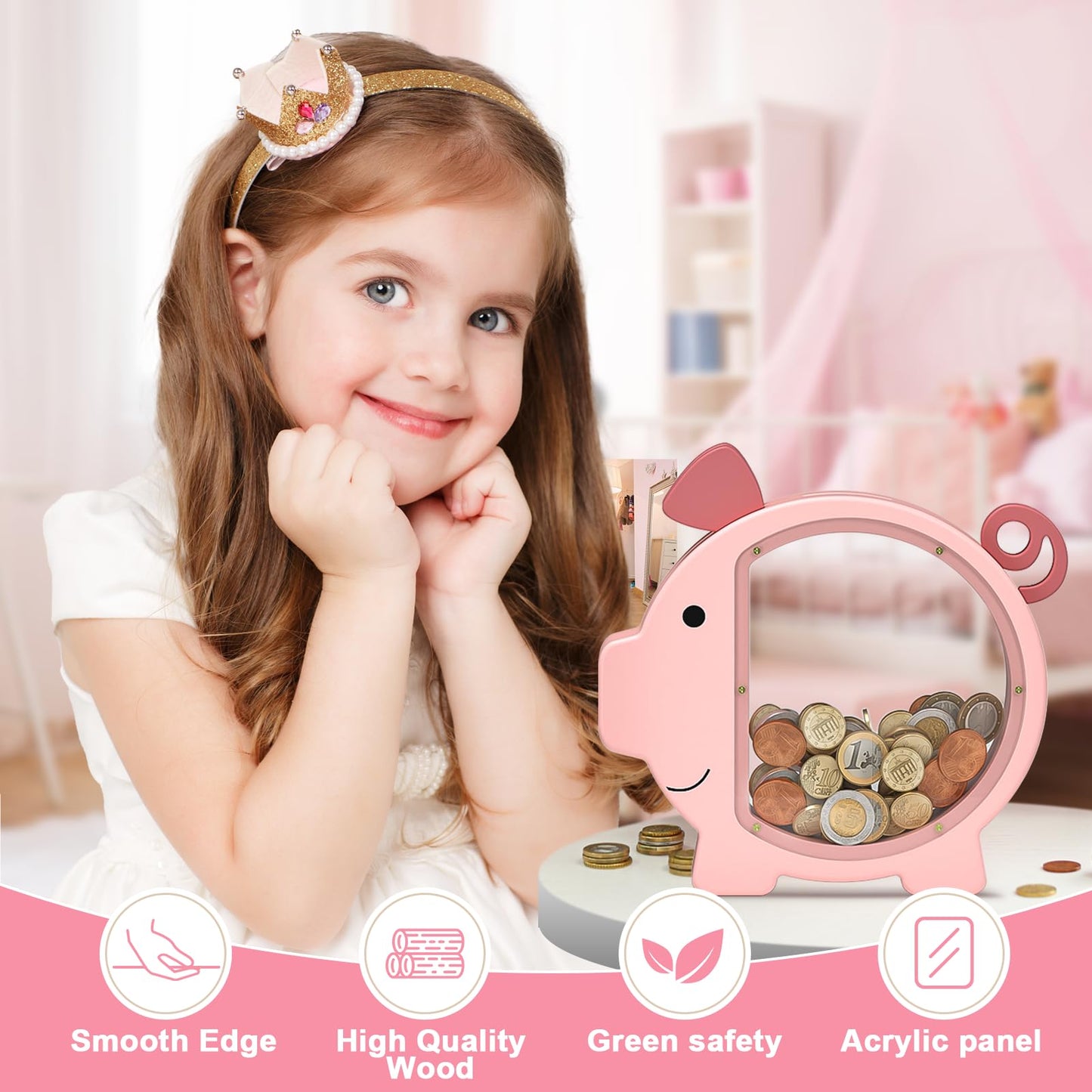 Summidate Wooden Piggy Bank for Girls, Cute Money Bank for Kids Boys, Unbreakable Coin Bank, Creative Saving Money Jar Personalized Gifts for Child Birthday Gift & Decor