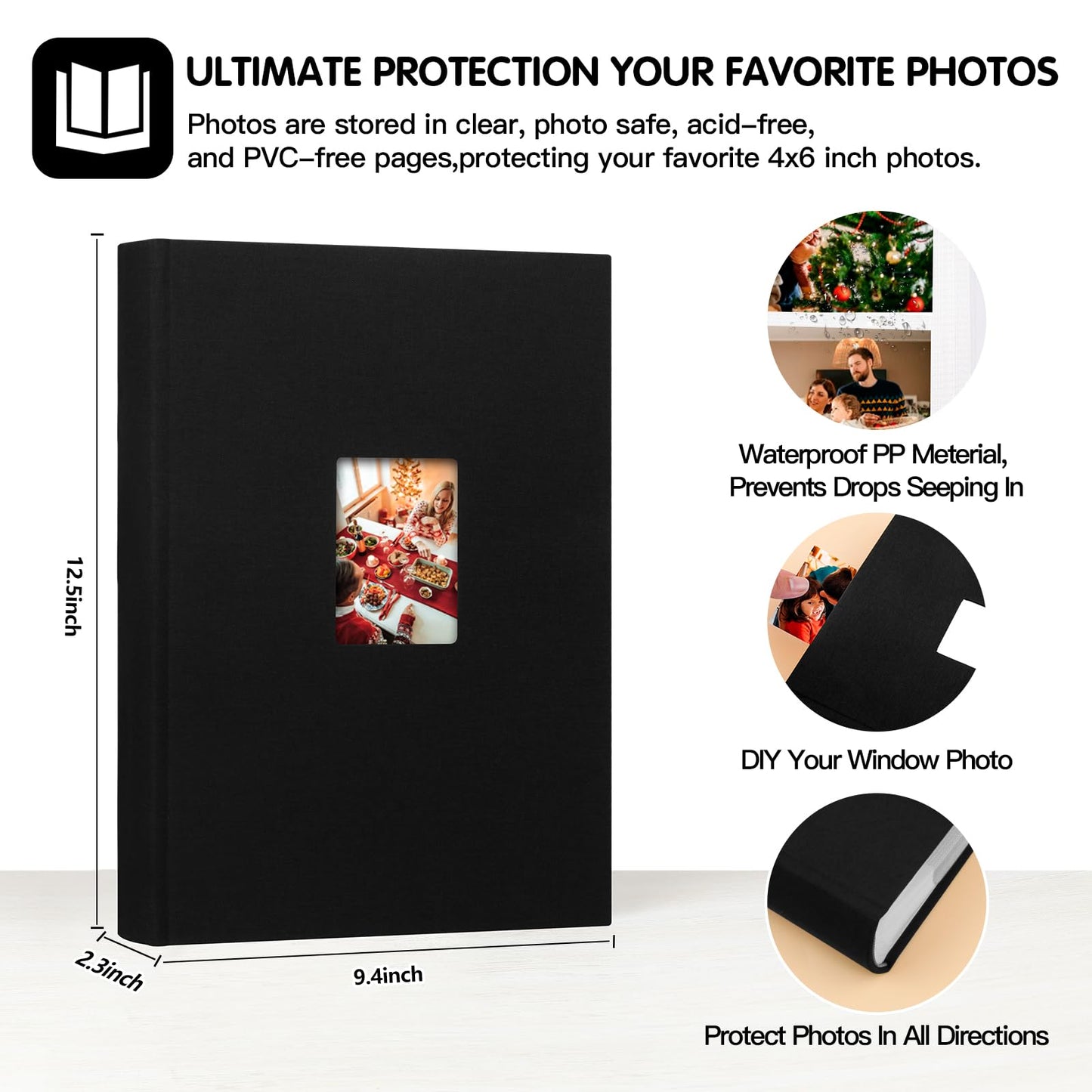 Xfveiwoo Photo Album 4x6 450 Pictures with Writing Space, Linen Cover Photo Book with Front Display Window for Family Wedding Baby Travel Memories, Black