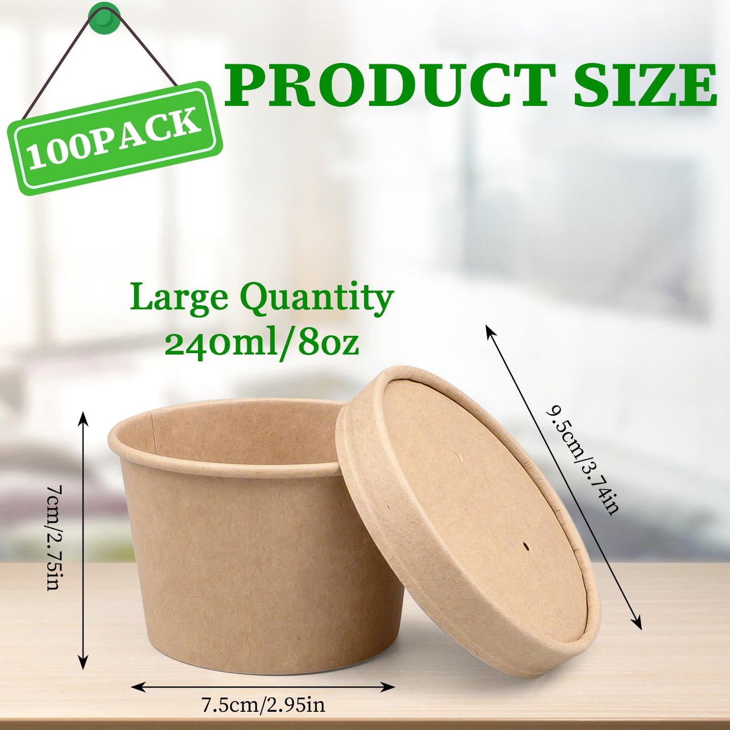 100 Pcs 8oz Disposable Soup Containers with Lids, Ice Cream Cups Kraft Paper Cups with Vented Lids, Heavy Duty to Go Soup Bowls Food Storage Containers for Ice Cream, Yogurt, Cold and Hot Foods