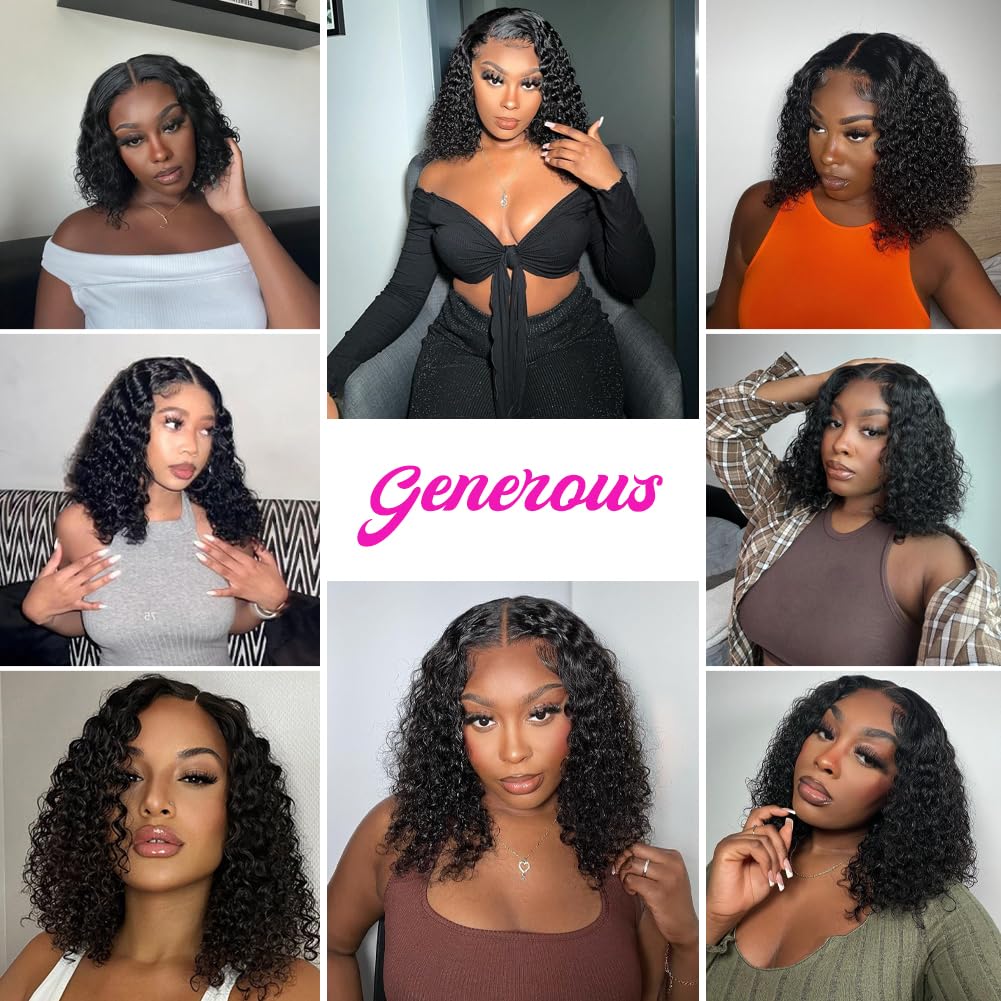 Wigs for Women Human Hair Pre Plucked Deep Wave 4x4 Lace Closure Wigs 12 Inch Deep Curly Bob Wig Human Hair Wigs with Baby Hair Wear and Go Glueless Wigs for Black Women Natural Black