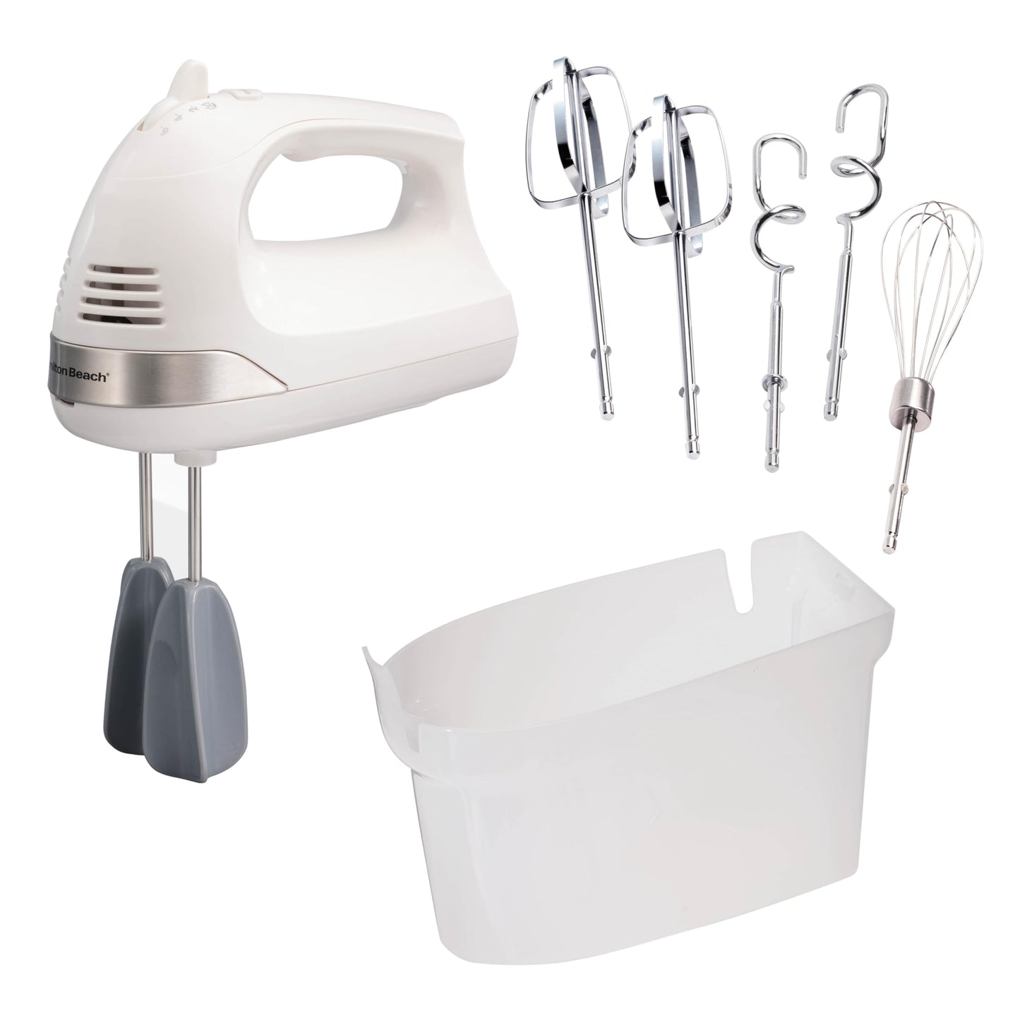 Hamilton Beach 6-Speed Electric Hand Mixer for Baking, 275W, Easy Clean Beaters, Dough Hooks, Whisk, Snap-On Storage Case, White (62636J)