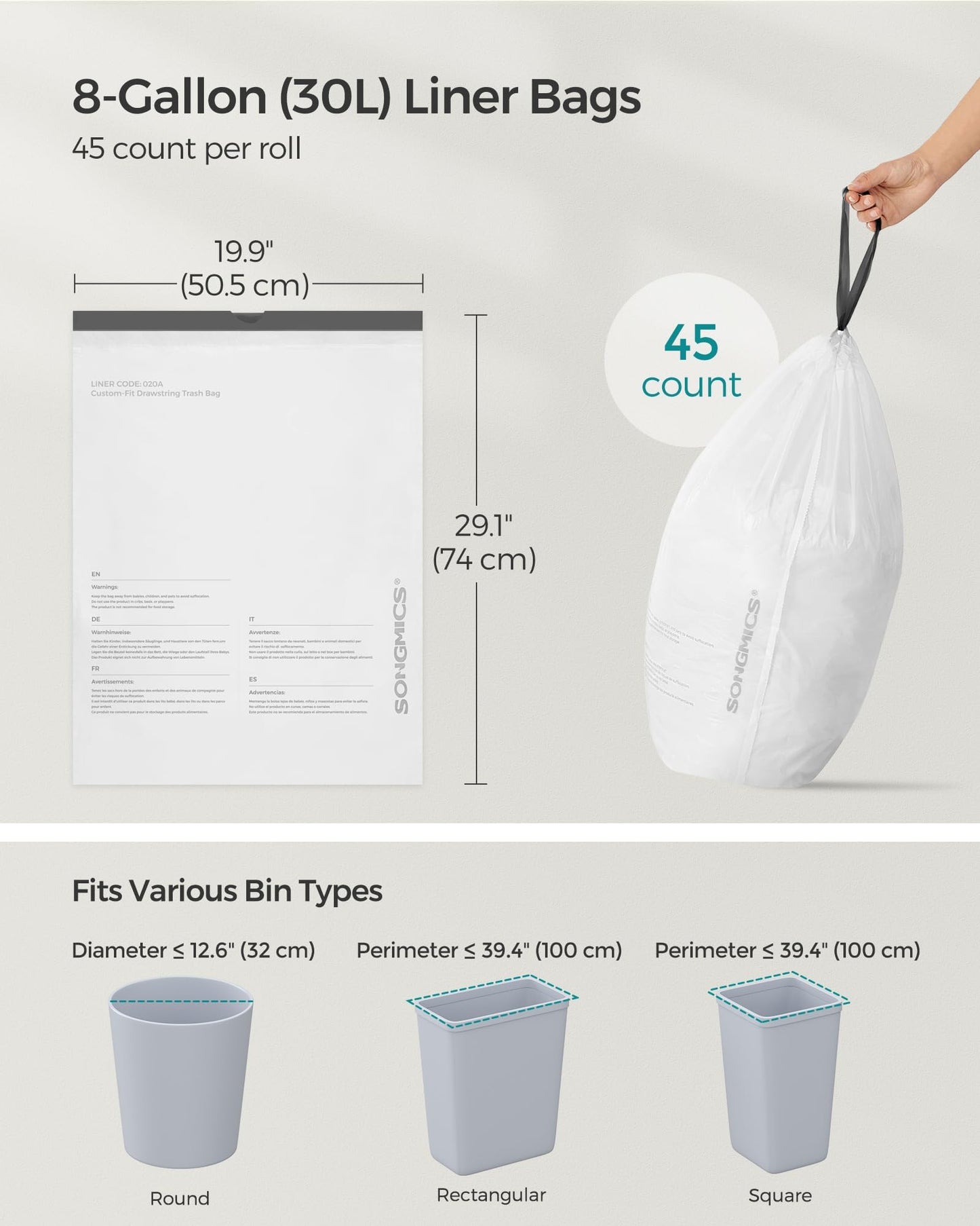 SONGMICS Trash Bags for 8-Gallon (30 L) Trash Cans, Drawstring Kitchen Garbage Bags, Pre-Separated, Liner Code 30A, 4 Rolls, 180 Count, White UKRB030A04