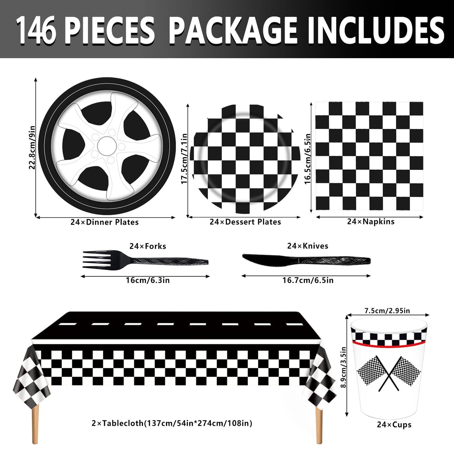 Poqirzan 146PCS Race Car Party Tableware Set Racing Car Plates and Napkins Party Supplies Black and White Checkered Race Car Birthday Party Decorations Car Tablecloth Paper Plates Napkins Set Serve 24