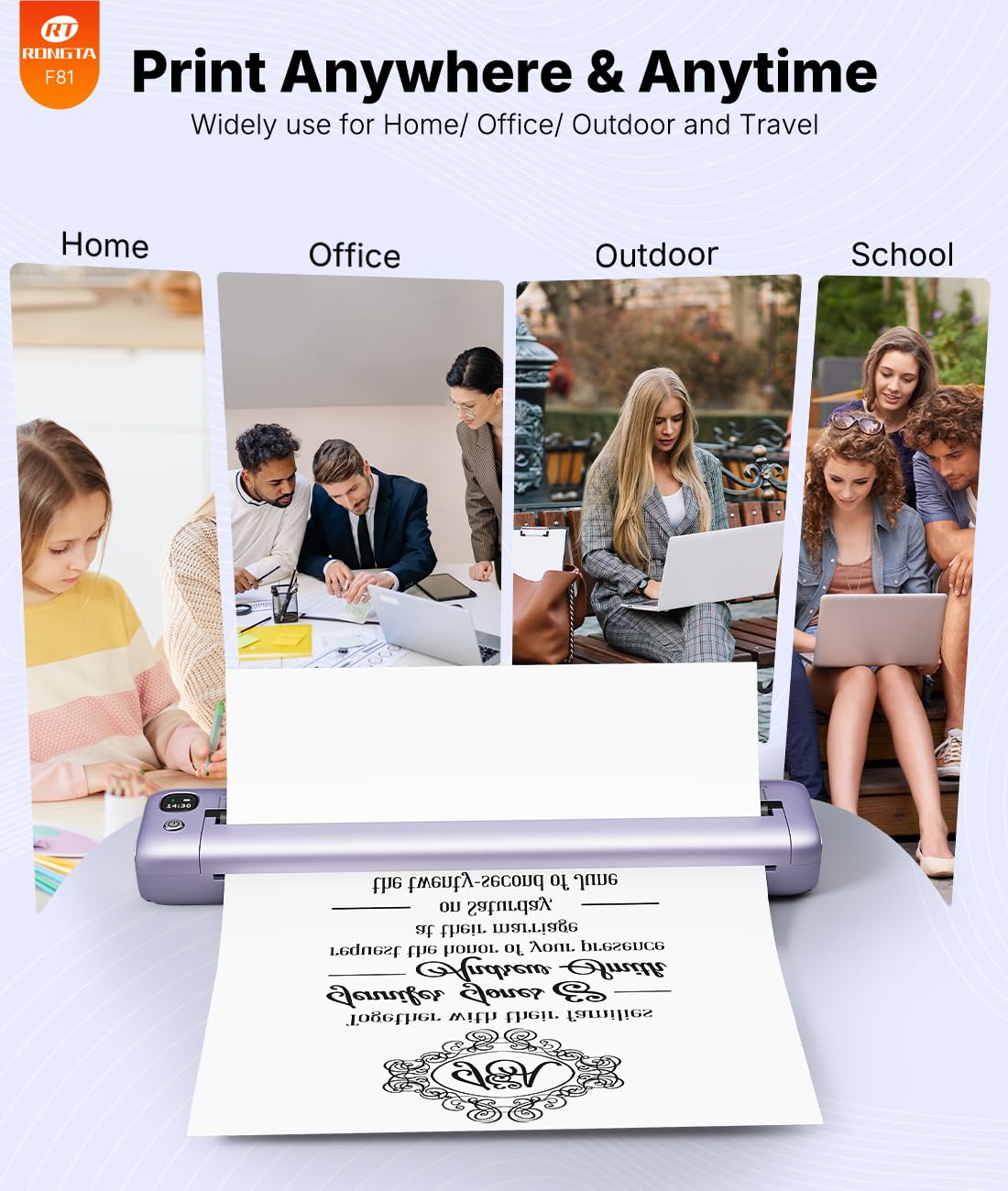 Rongta Portable Printer Wireless for Travel, Inkless Thermal Printer, Compatible with Android,iOS & Laptop, Small Bluetooth Mobile Printer for School/Office/Home Use (Purple)