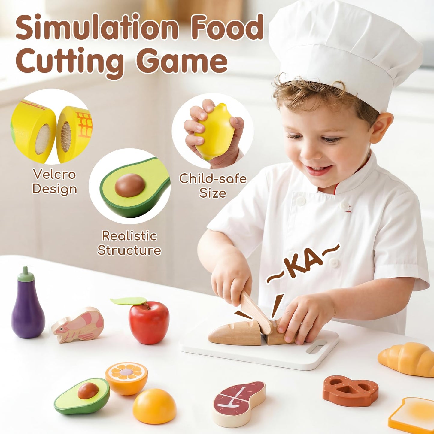 Lehoo Castle Wooden Play Food for Toddlers, Toys Food for Kids Kitchen Accessories, 4 Food Groups Pretend Cutting Fruits, Montessori Toys for Toddlers 2 3 4 Years Old Girls Boys