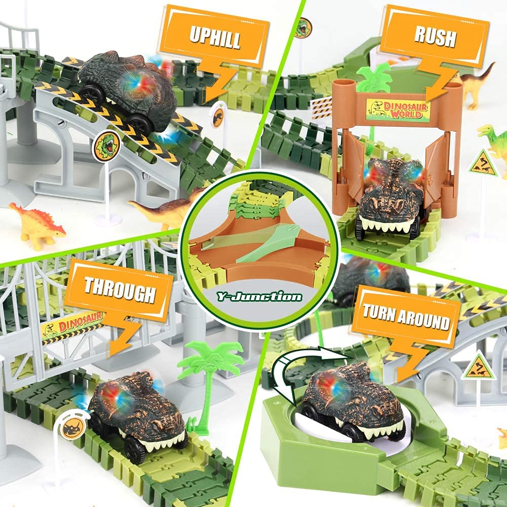 174 PCS Dinosaur Toys Race Track, Flexible Train Tracks with 8 Dinosaurs Figures, 2 Electric Race Cars Vehicle Playset with Lights to Create A Dinosaur World Road Race for Toddlers Kids Boys Girls