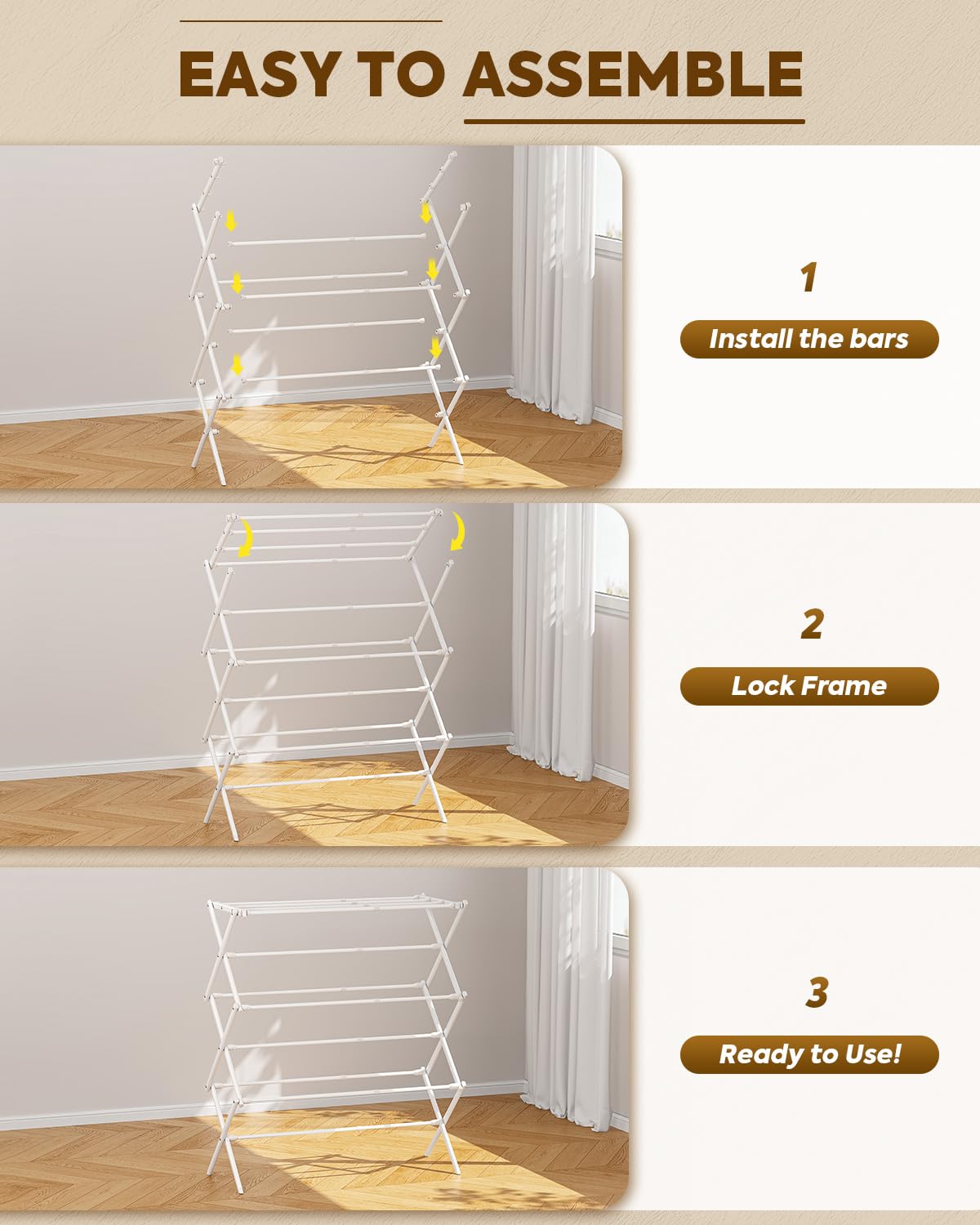 KINGBOARD Clothes Drying Rack, 3-Tier Laundry Drying Rack, Expandable Clothing Drying Rack for Indoor Air Drying Clothing, Clothing Dryer Towel Rack, White