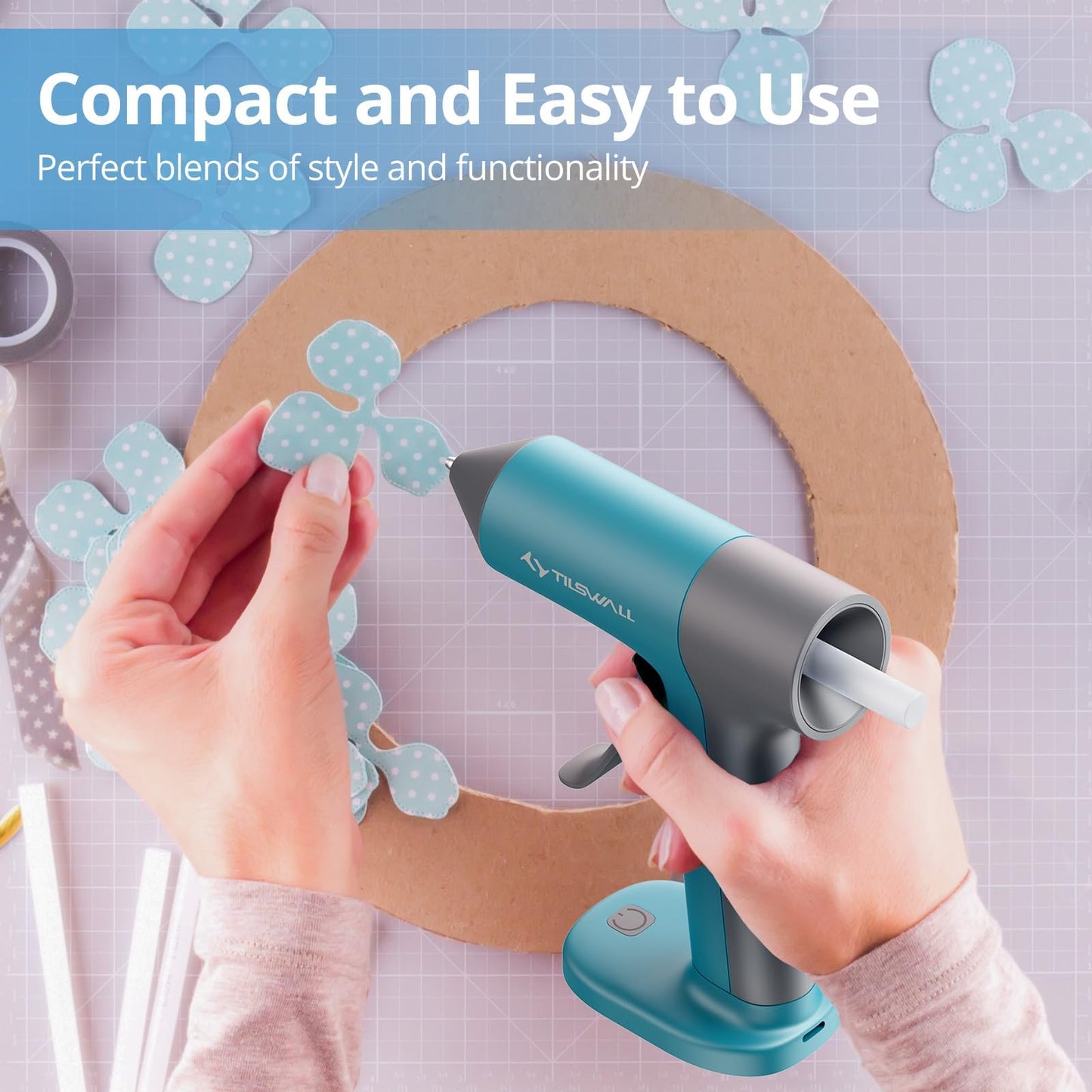 Tilswall Cordless Hot Glue Gun Kit with Hot Glue Sticks, 30s Fast Preheat, USB-C Rechargeable Glue Gun Cordless Design, Mini Hot Glue Gun for DIY Crafts, Home Repairs, School Projects (Blue)