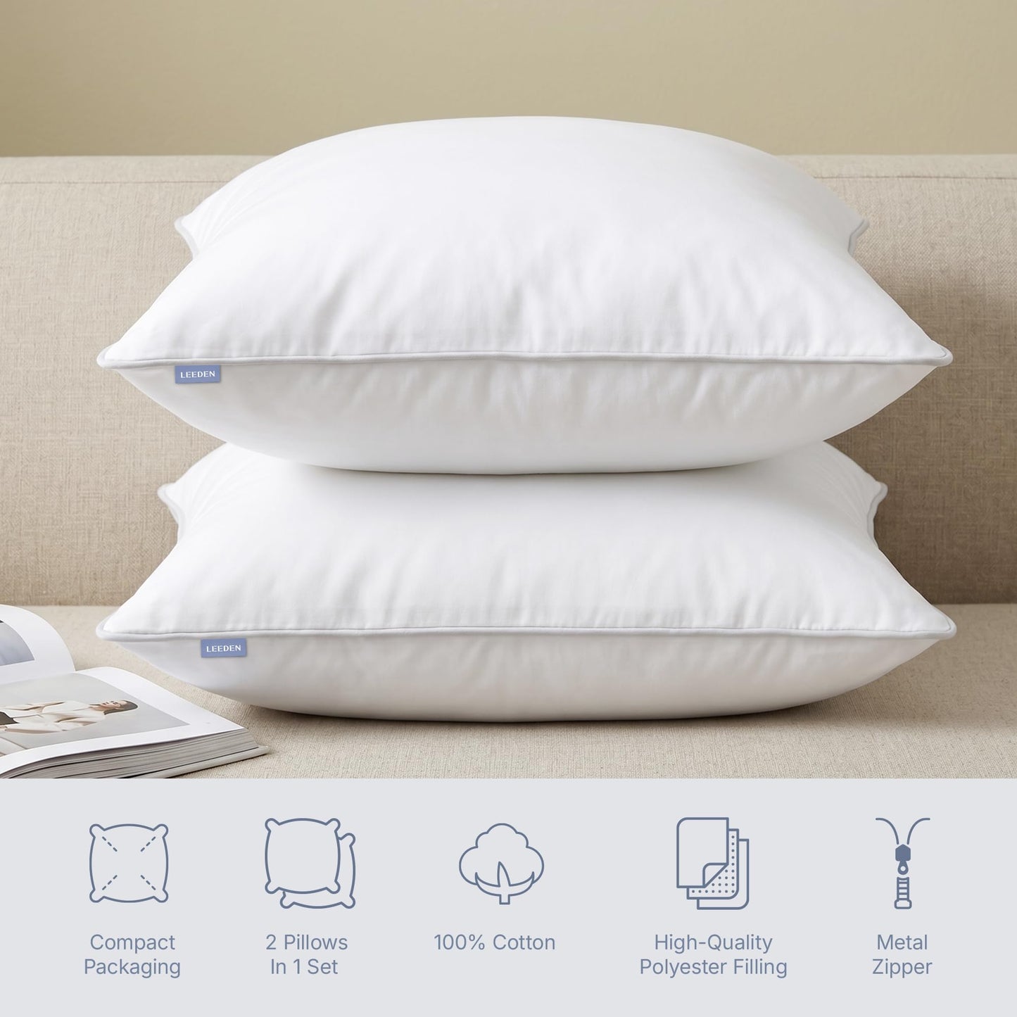 Leeden 18 x 18 Pillow Inserts (Set of 2) - Throw Pillow Inserts with 100% Cotton Cover - 18 Inch Square Interior Sofa Pillow Inserts - Decorative Pillow Insert Pair - White Couch Pillow