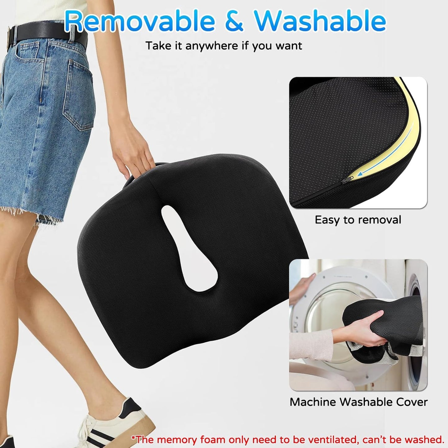 Seat Cushion for Long Sitting - Memory Foam Chair Pad Cushion for Tailbone, and Low Back Pain Relief - Non-Slip Seat Cushions for Office Chairs Wheelchair Car Seats,Gray