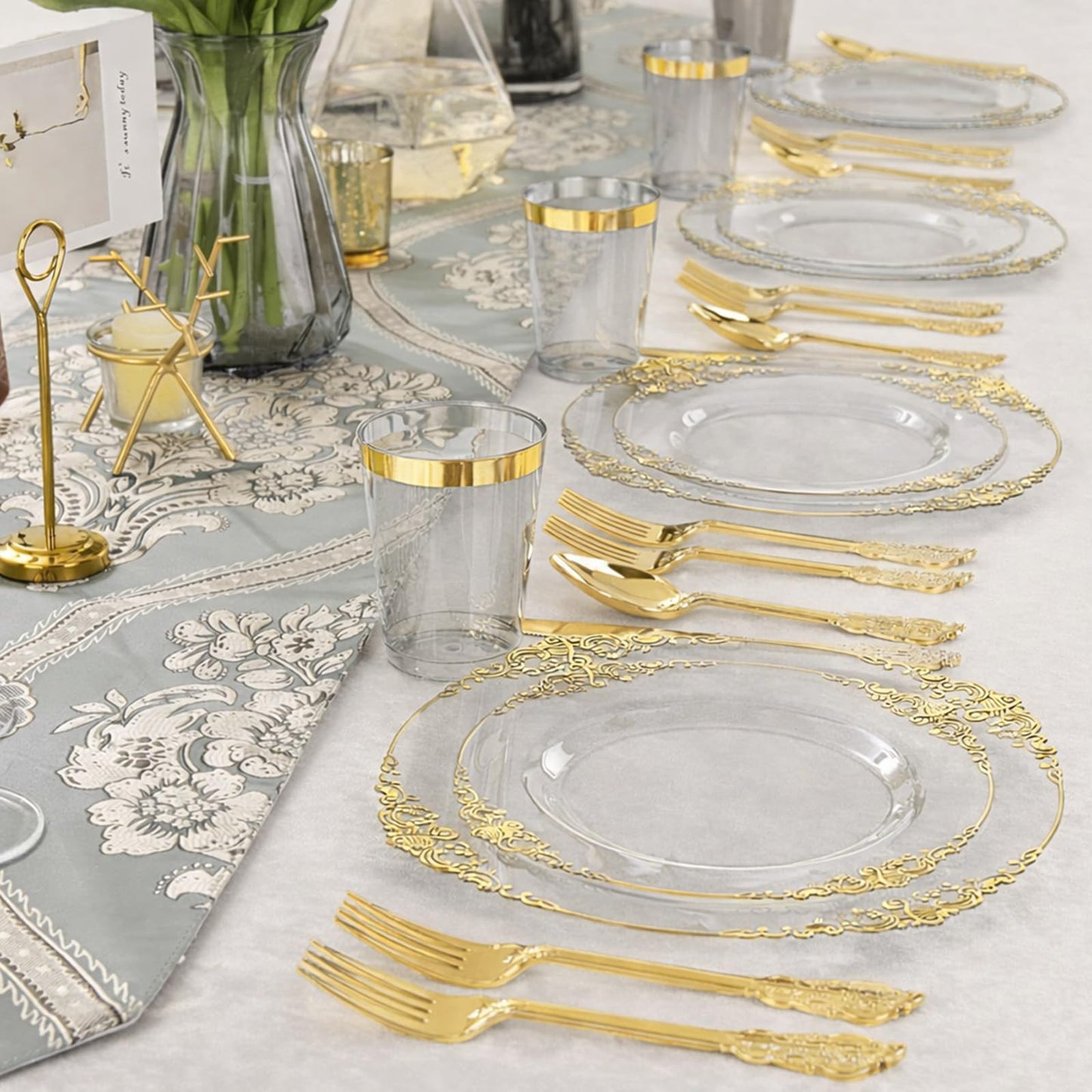 51 Set Clear Plastic Plates with Gold Rim, 10 Inch Dinner Plates and 7.5 Inch Dessert Plates for Wedding, Christmas, Shower, Gathering