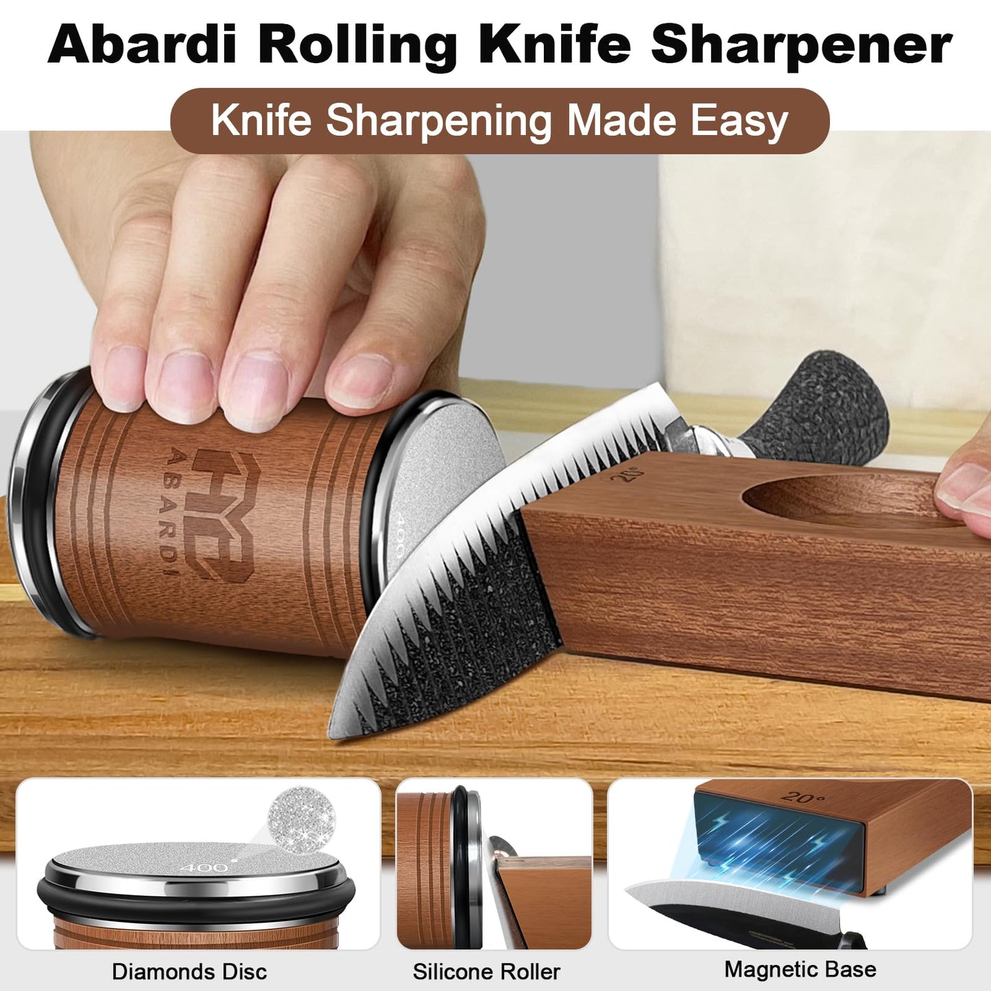 Abardi Rolling Knife Sharpener, Knife Sharpening with Diamonds Made Easy, Knife Sharpeners Kit with 15 & 20 Degree Magnetic Angle, Fathers Day Gift for Men Dad Husband Fathers (Walnut) ﻿