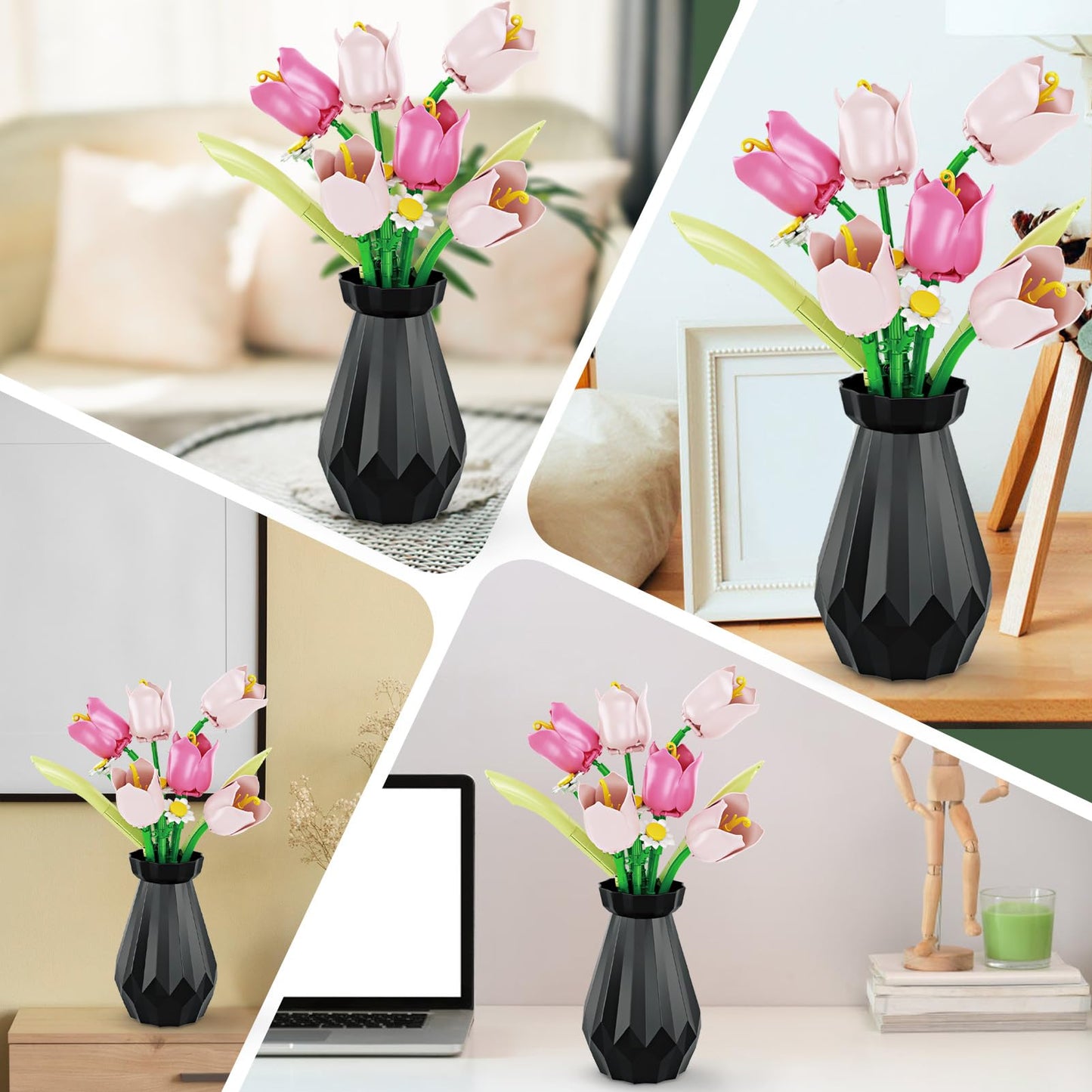Flower Bouquet Building Sets, Tulips Botanical Collection, DIY Artificial Flower with vase for Adults Women Girl Kids, Pink Chrismas Home Decor Gifts for Mother's Day, Birthday, Easter(223 pcs)