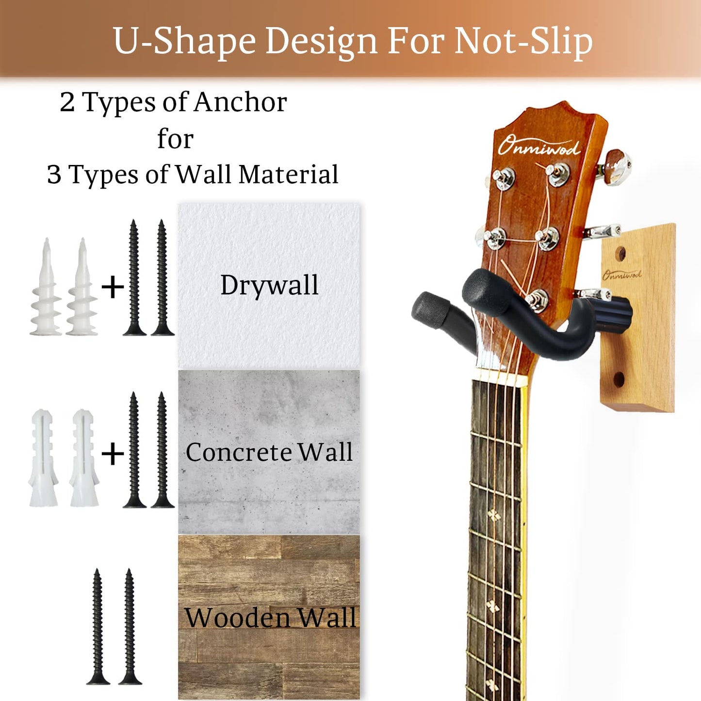 Guitar Wall Mount 3 Pack, Ash Hardwood Guitar Hanger, U-Shaped Guitar Wall Hanger Mount Holder Hook Stand Wall for Acoustic, Electric Guitar, Banjo, Bass, Gift for Player