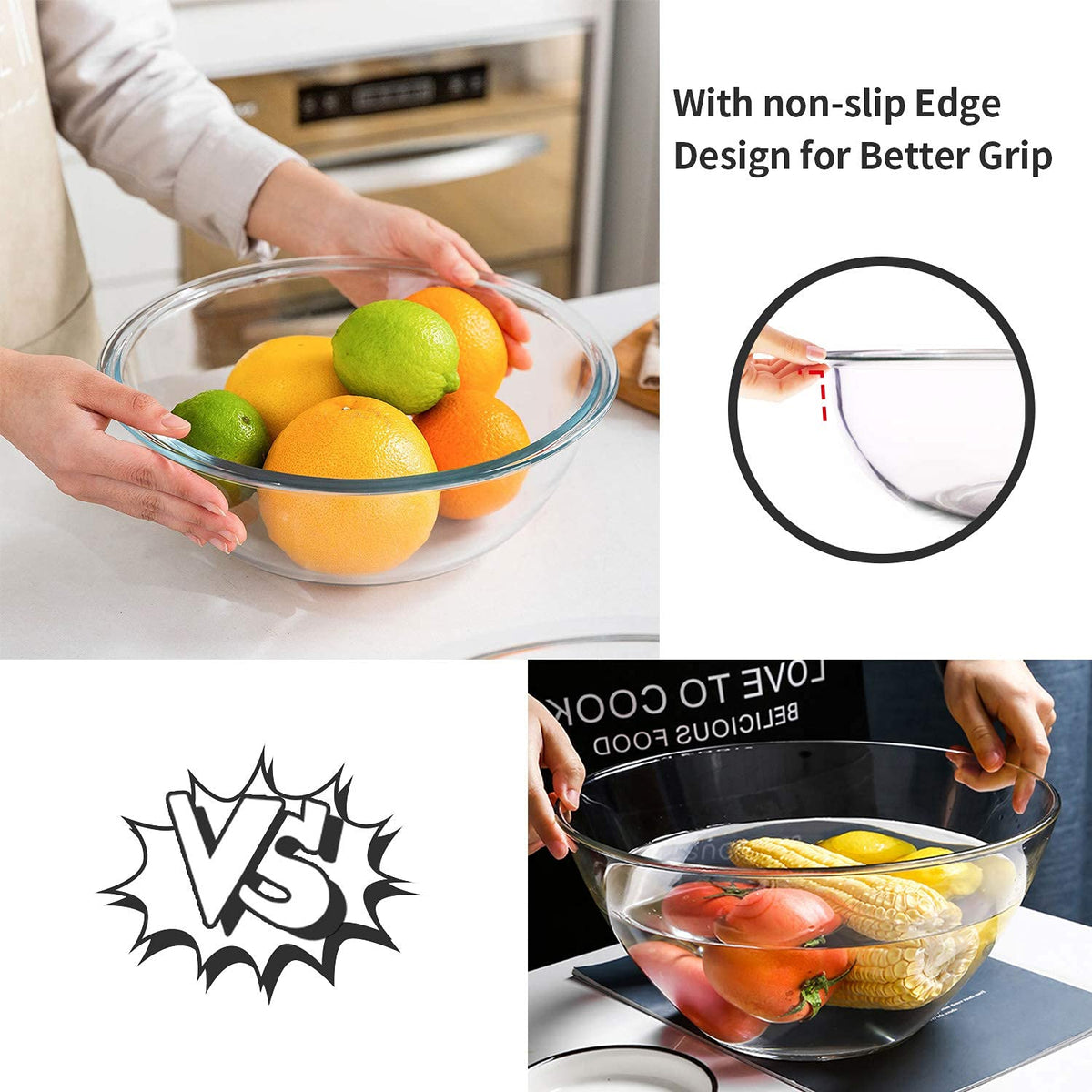 Luvan High Borosilicate Glass Mixing Salad Bowls with Lids Set of 4, 3.7QT,2.5QT,1.5QT,1QT Large Kitchen Nesting Bowls, Great for Food Storage, Cooking, Baking,Prepping-4PCS