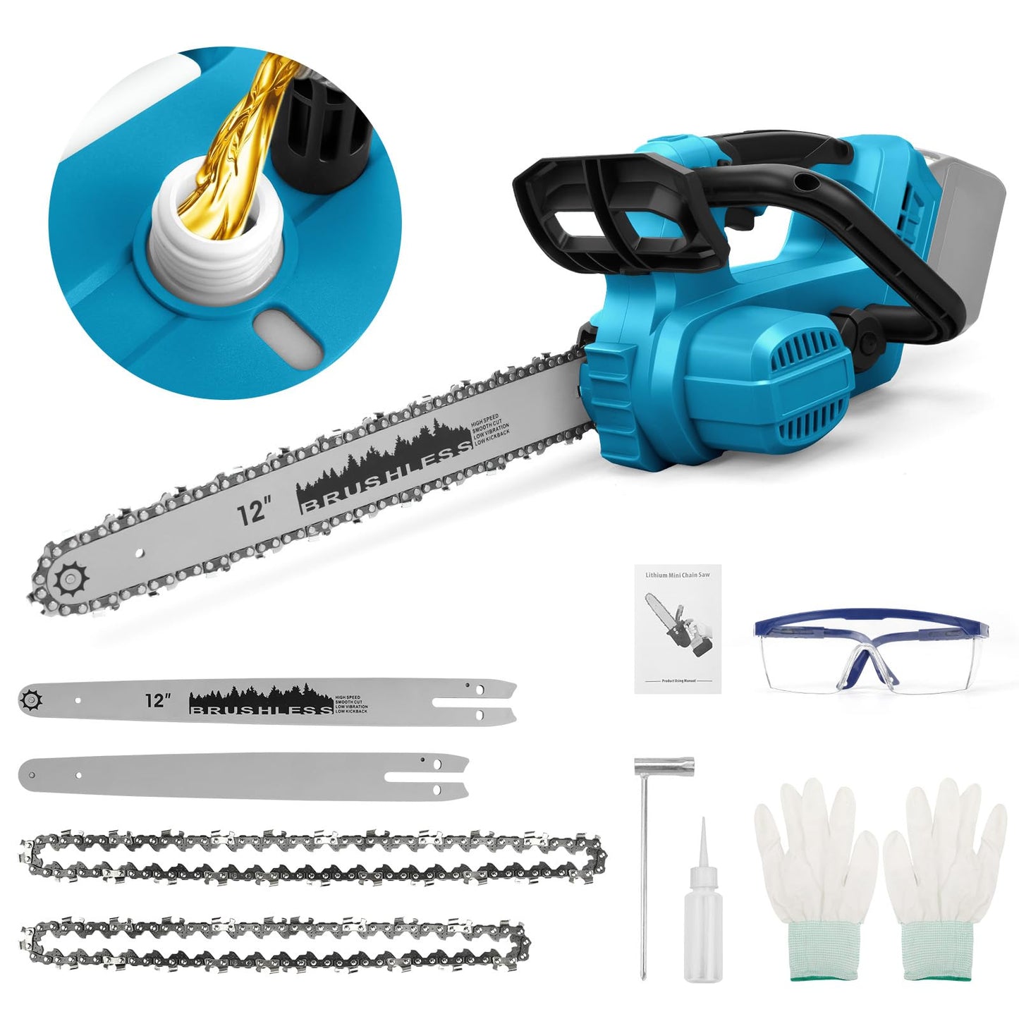 Cordless Chainsaw for Makita 18V Battery, 12 Inch / 10 Inch 2 in 1 Mini Chainsaw with Security Lock, 1100W Handheld Electric Chainsaw for Wood Cutting, Tree Trimming (No Battery)