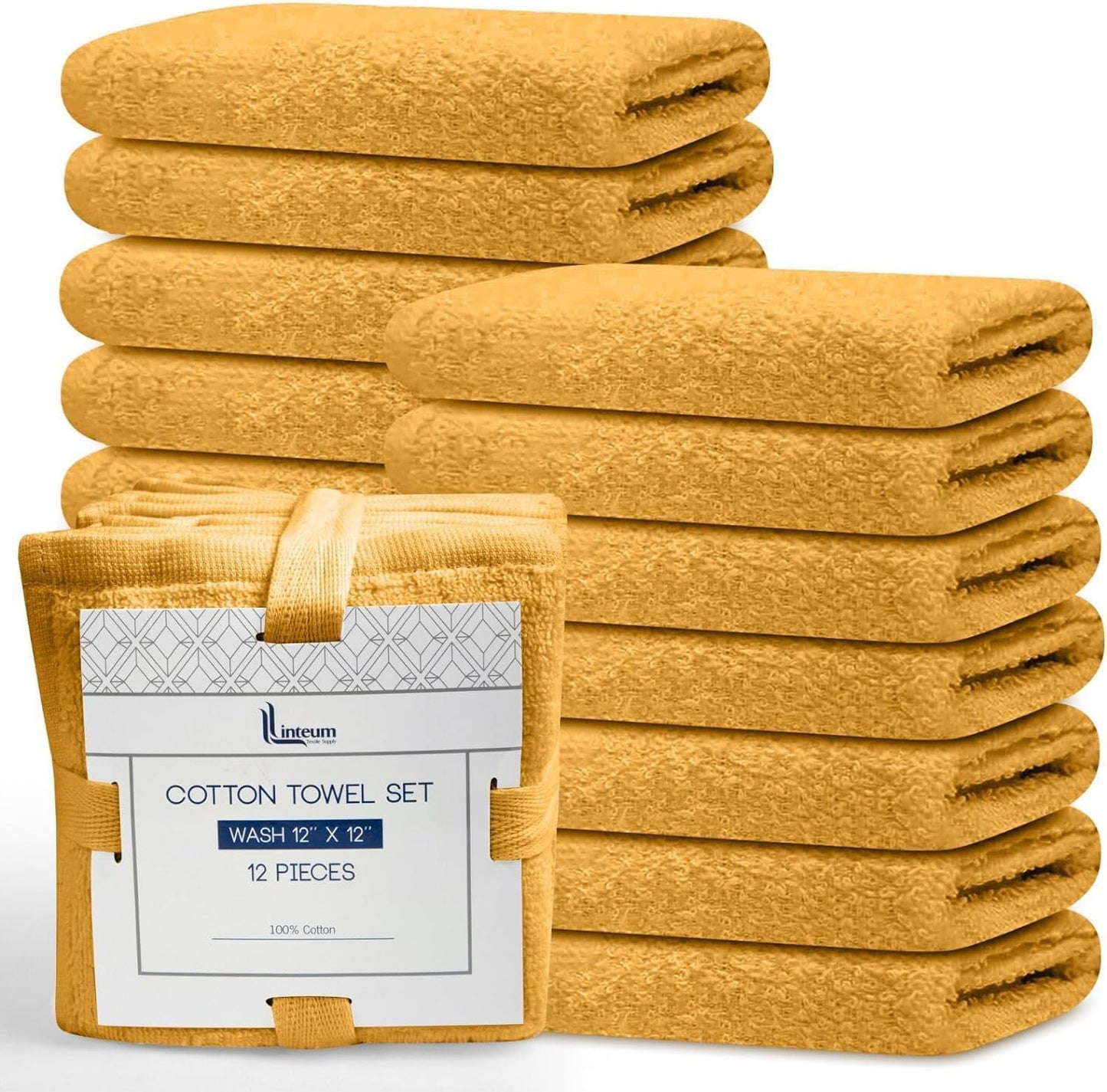 Linteum Textile Supply Linteum Textile Premium Wash Cloths Set - 12x12 Inches (12 Pack) Mustard - 100% Cotton Ring Spun Washcloths, Highly Absorbent & Soft Feel Face Towels for Bathroom, Spa and Gym