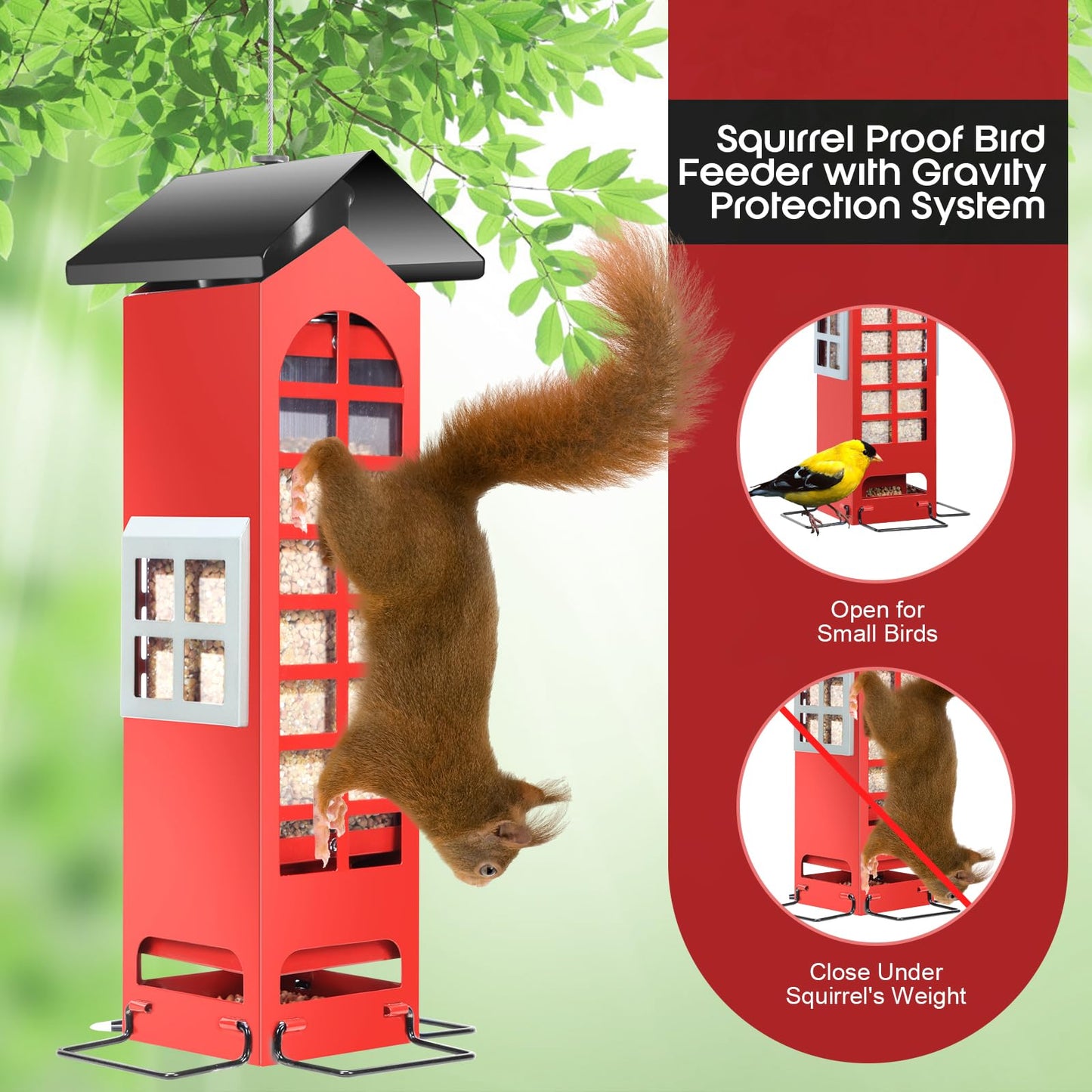 Bird Feeders Squirrel Proof for Outdoors Hanging - Weight Activated Metal Wild Bird Feeders Tube Birdhouse Seed Feeder with 4 Feeding Ports,2.5LB Capacity for Cardinal,Sparrow,Finch,Chickadee
