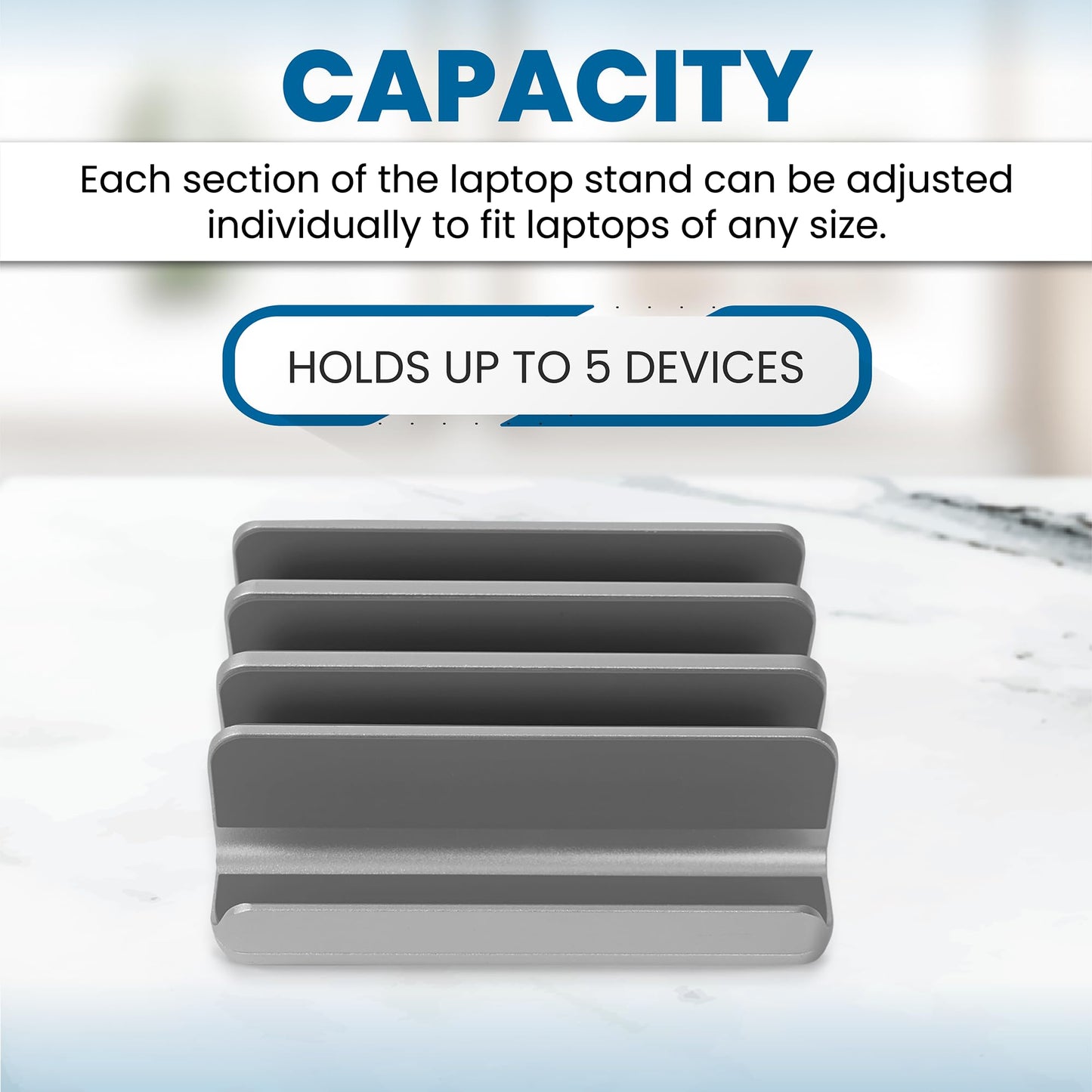 Multiple Laptop Holder Vertical – Adjustable Laptop Vertical Stand Holds 5 Devices, Fits All MacBooks Laptops Tablets and Mobiles (up to 17.3”). Closed Upright Vertical Laptop Stand for Desk (Grey)