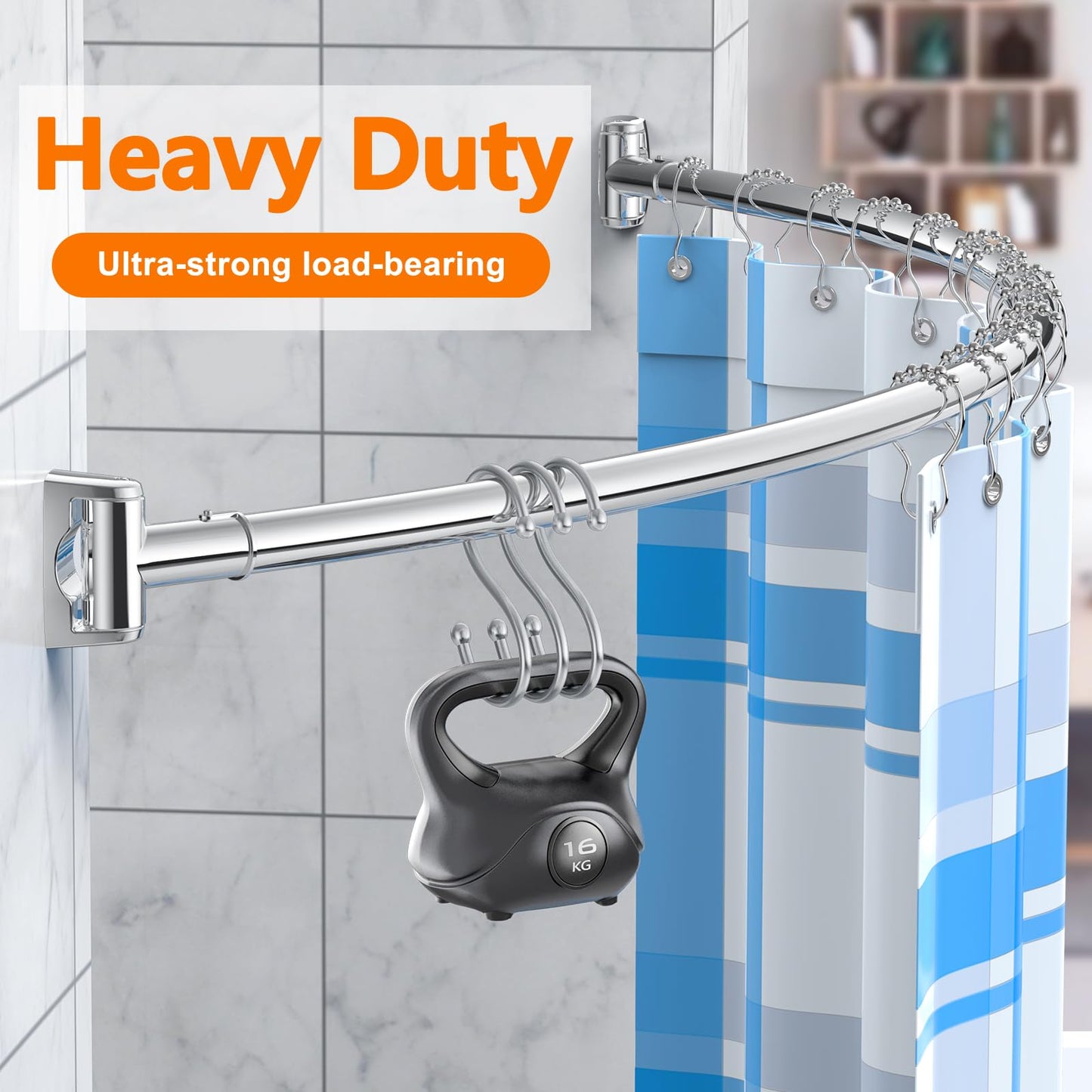 Curved Shower Curtain Rod, Adjustable 45-72 Inches Curved Shower Rod, Rustproof Shower Curtain Rod, Never Fall Telescoping Design for Bathroom, Silver, Need to Drill