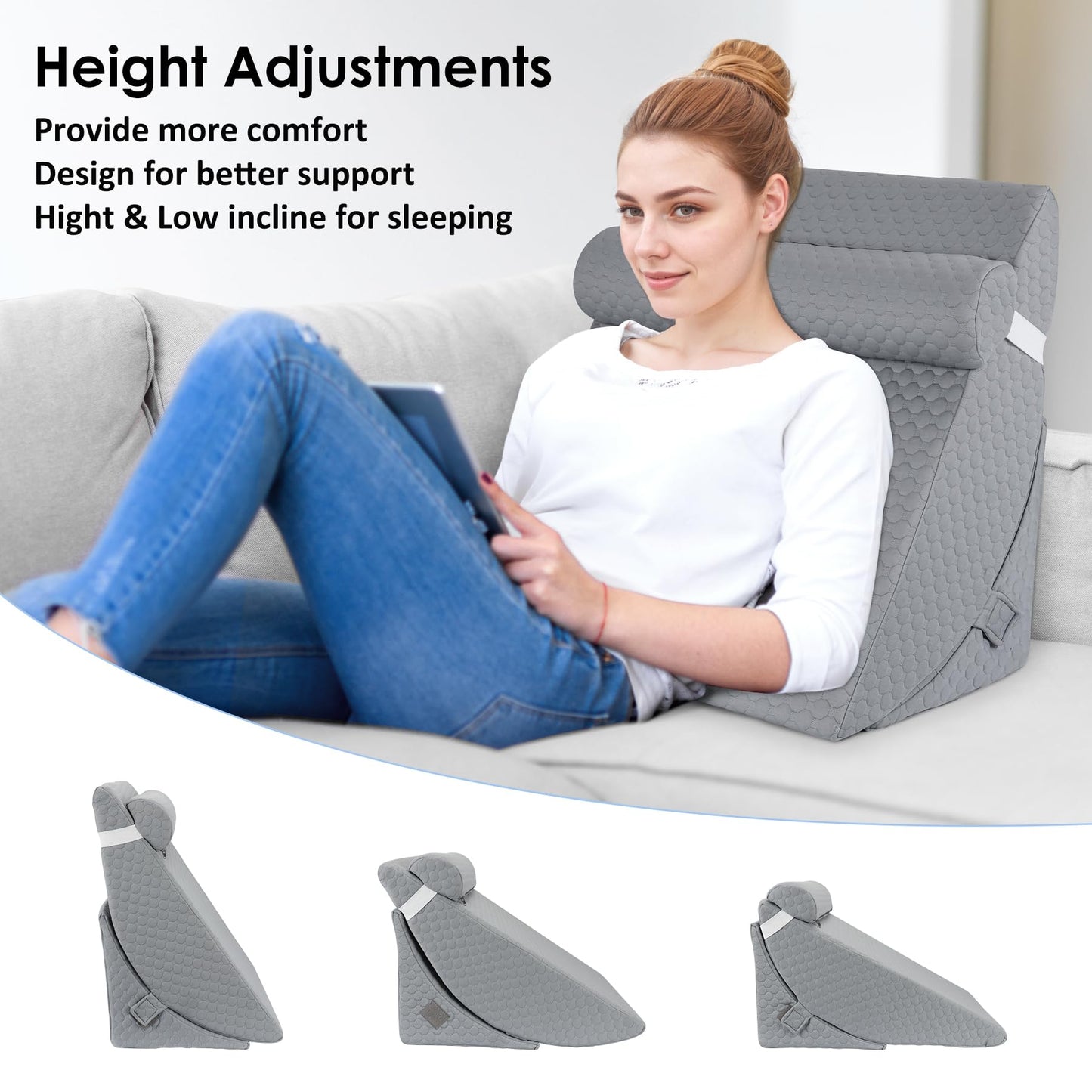 Bed Wedge Pillow for Sleeping, Adjustable 7 &12 Inch Foam Wedge Pillow for Post Surgery, Elevated Triangle Pillow for Acid Reflux, Back Pain Relief, Leg Support，3pack