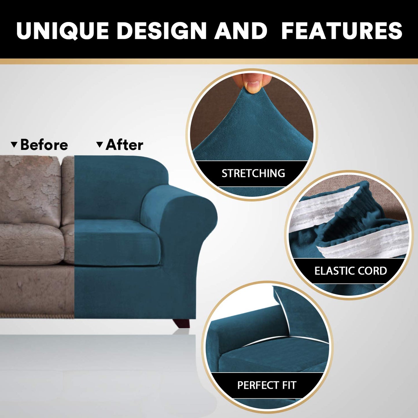 PrinceDeco Velvet Stretch 3 PCS Loveseat Covers for 2 Cushion Couch Loveseat Slipcovers (Base Cover & 2 Individual Seat Cushion Covers) Thick Sofa Covers Bonus Two Elastic Straps (Loveseat, Deep Teal)