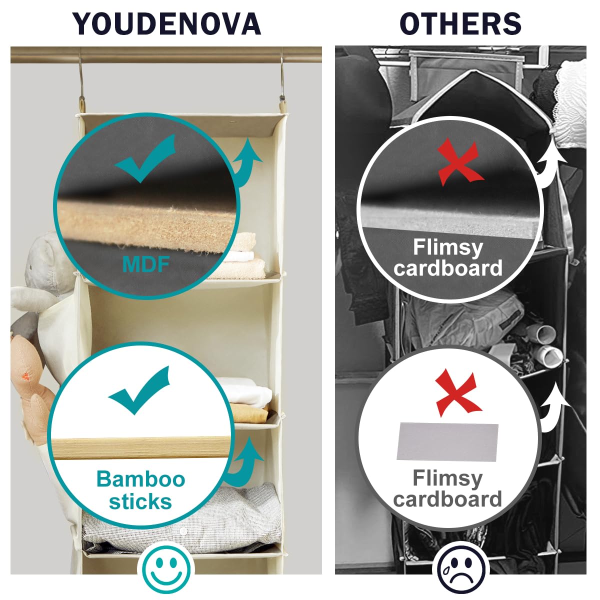 YOUDENOVA Hanging Closet Organizer, 6-Shelf Closet Hanging Storage Shelves, 2 Packs, Beige