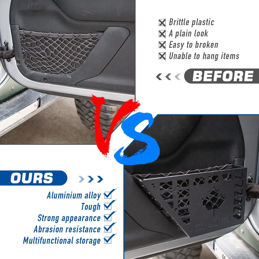 Metal Front Door Storage Pockets, Door Side Insert Organizer Box for 2007-2018 Jeep Wrangler JK JKU 2/4 Door Stainless Steel Latest Upgraded