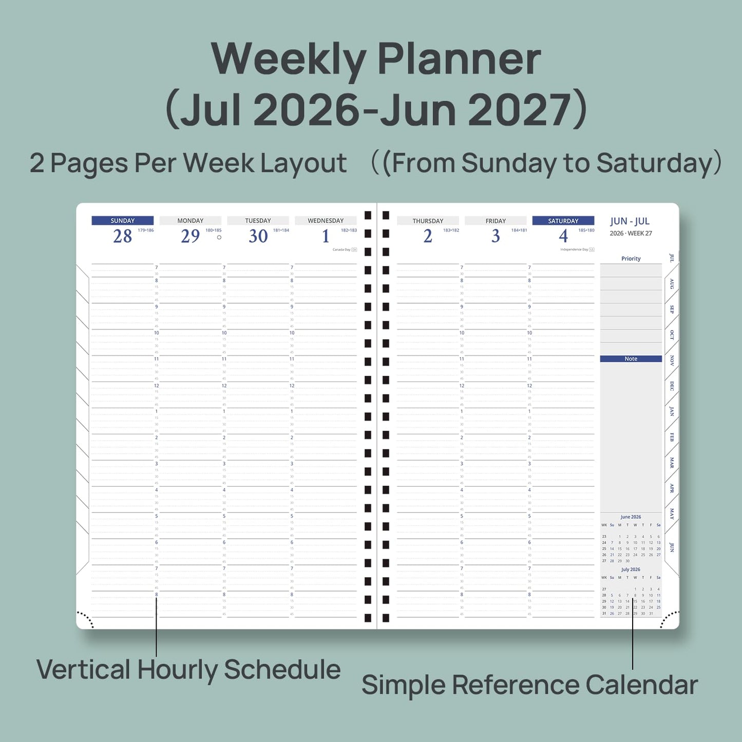 POPRUN 2026-2027 Planner Weekly and Monthly, Large Size 8.25" x 11.75", July 2026 to June 2027, Spiral Bound Calendar with Hourly Time Slots, Vertical Layout, Leather Soft Cover, Notes Pages - Midnight Green